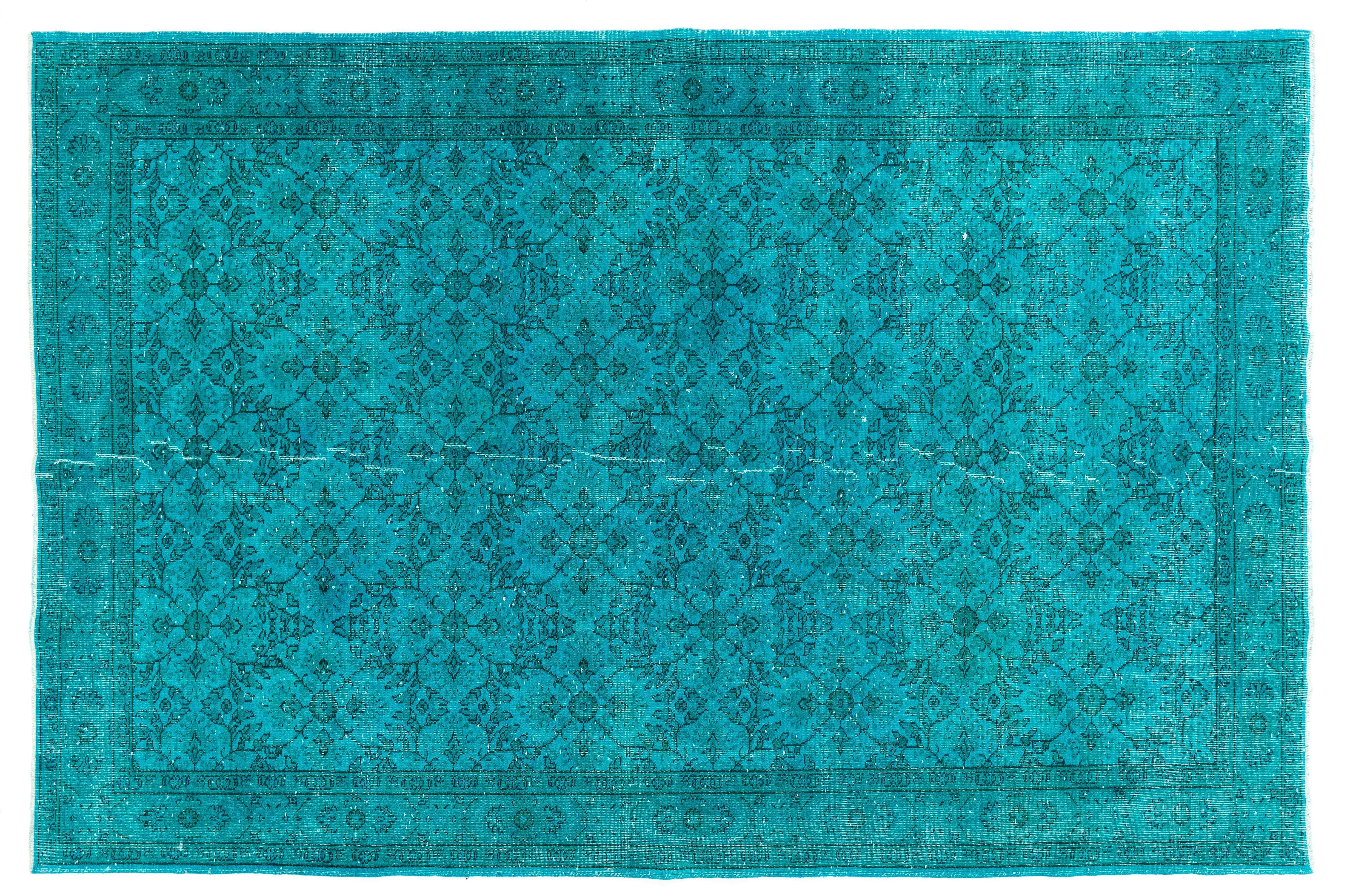 Modern Vintage Floral Design Anatolian Rug, Overdyed in Teal Color