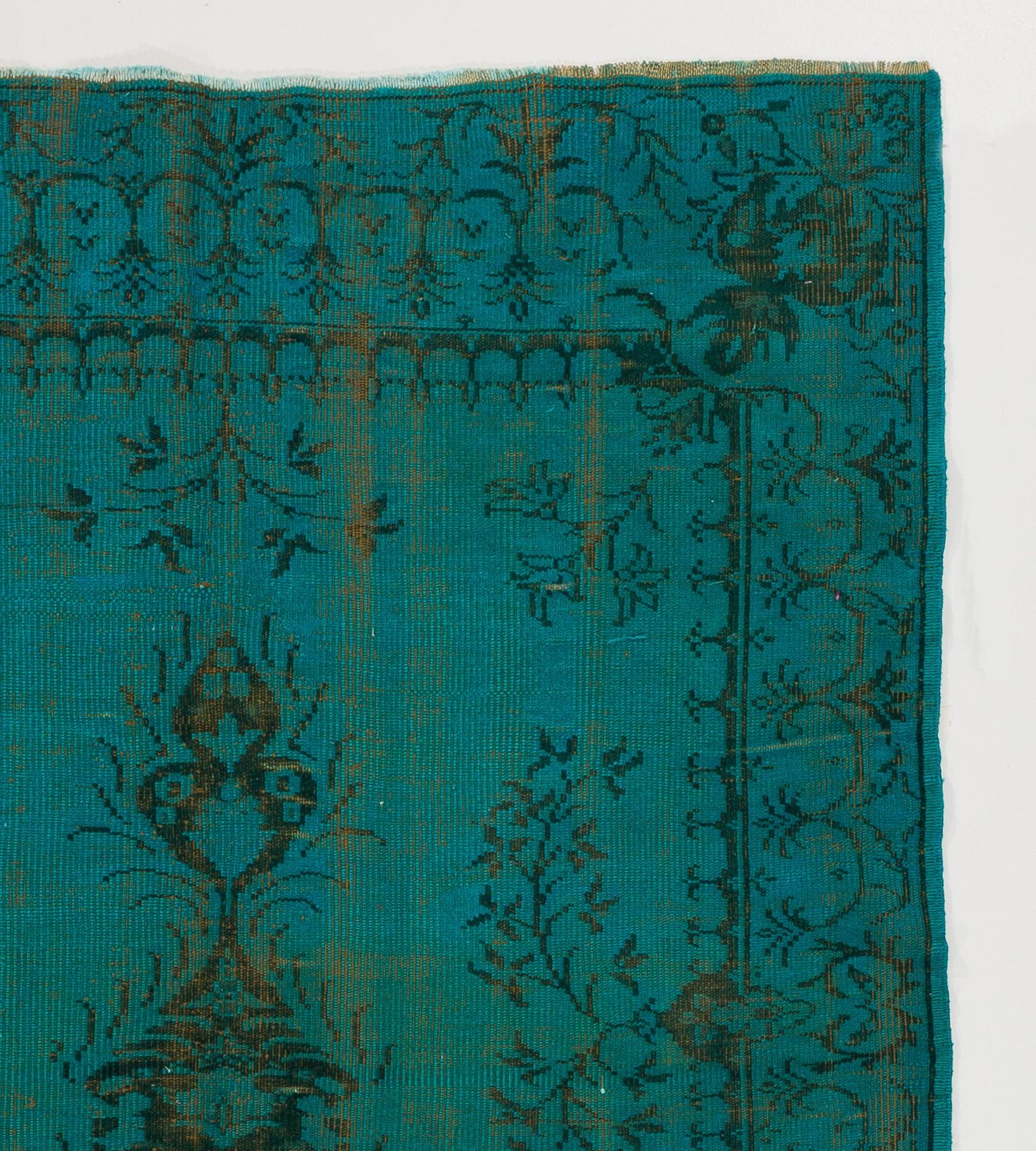 Hand-Woven 5.8x9.3 Ft Vintage Hand-knotted Turkish Wool Medallion Rug Over-dyed in Teal