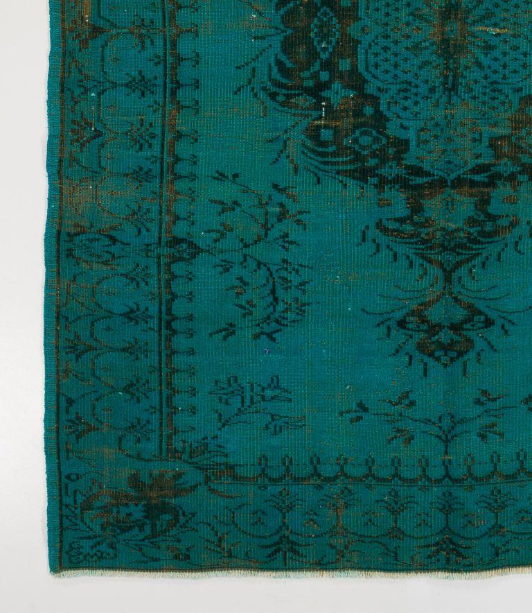 5.8x9.3 Ft Vintage Hand-knotted Turkish Wool Medallion Rug Over-dyed in Teal In Good Condition In Philadelphia, PA