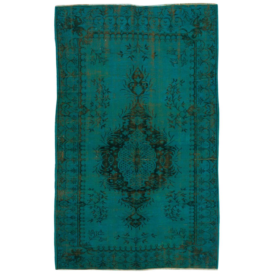 5.8x9.3 Ft Vintage Hand-knotted Turkish Wool Medallion Rug Over-dyed in Teal