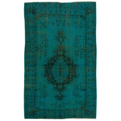 5.8x9.3 Ft Vintage Hand-knotted Turkish Wool Medallion Rug Over-dyed in Teal