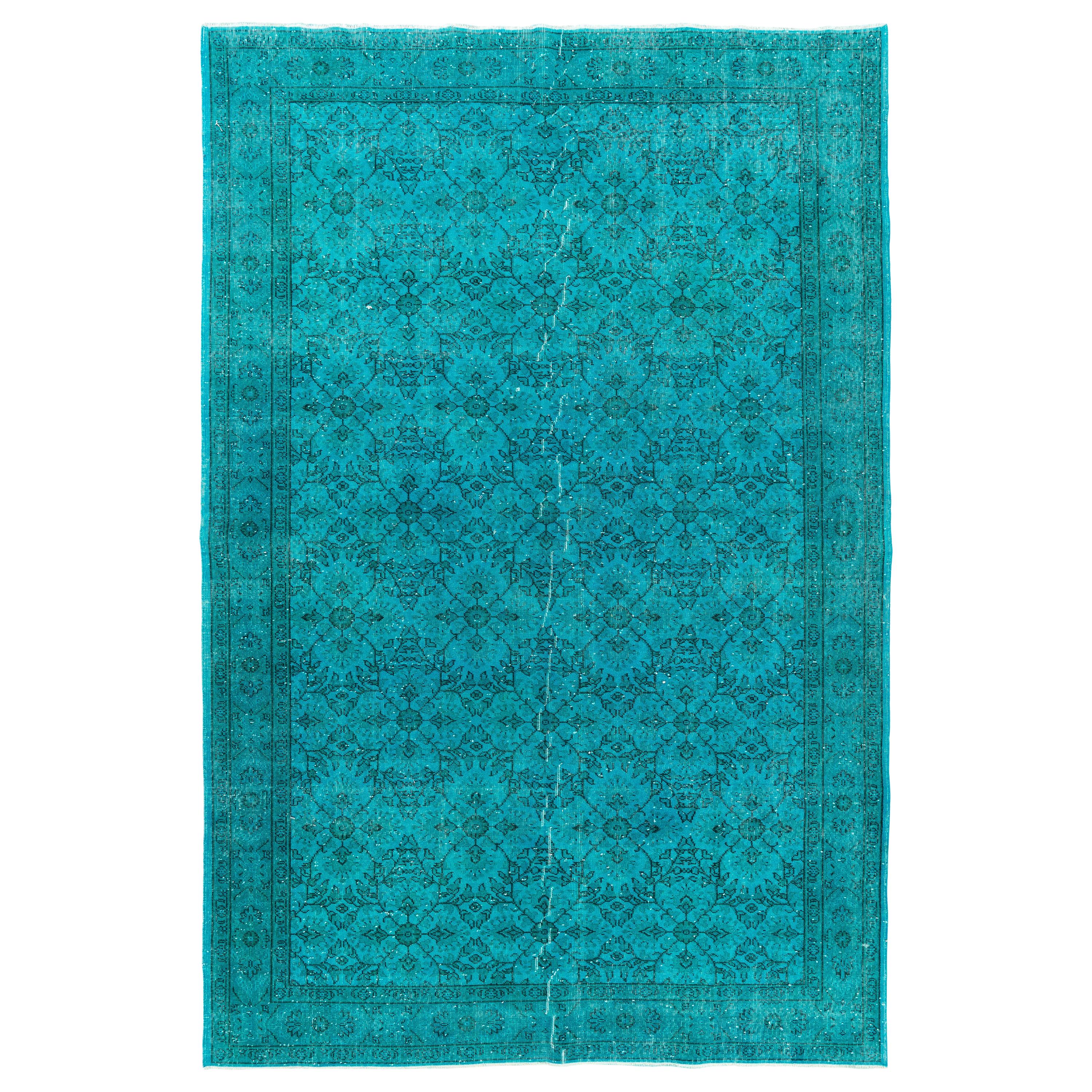 Vintage Floral Design Anatolian Rug, Overdyed in Teal Color
