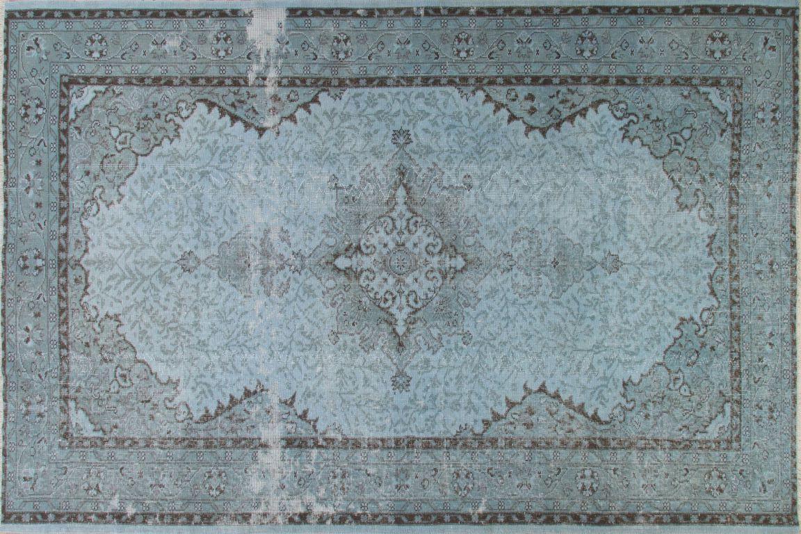 A vintage Turkish rug re-dyed in light blue color.
Finely hand knotted, low wool pile on cotton foundation. Deep washed.
Sturdy and can be used on a high traffic area, suitable for both residential and commercial interiors.
    