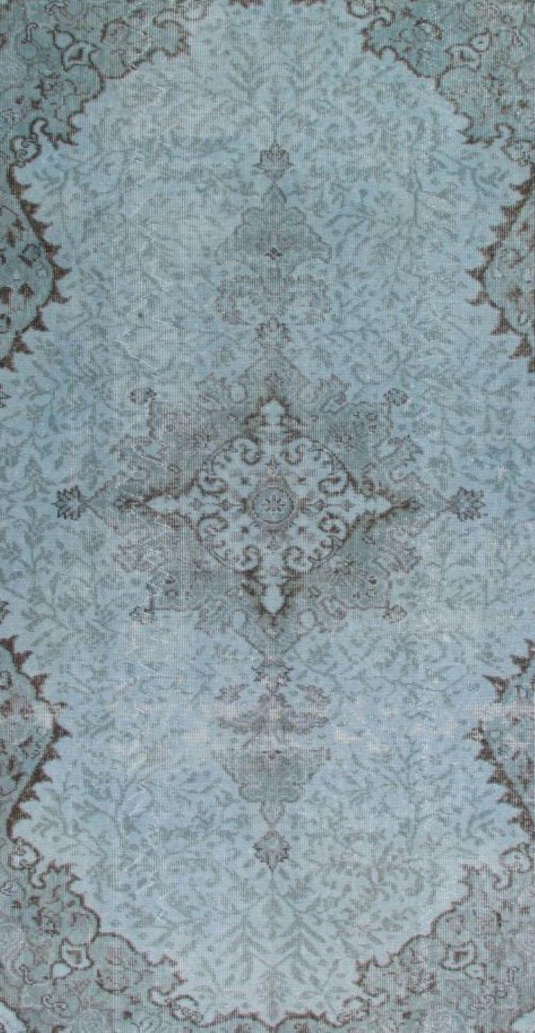 Hand-Woven 5.7x9.3 Ft Hand-Knotted Vintage and Modern Area Rug Overdyed in Light Blue Color For Sale
