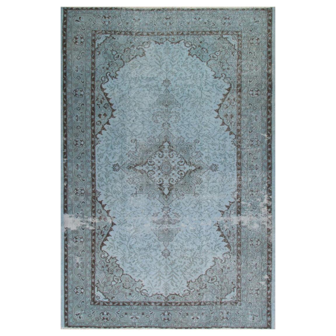 5.7x9.3 Ft Hand-Knotted Vintage and Modern Area Rug Overdyed in Light Blue Color For Sale