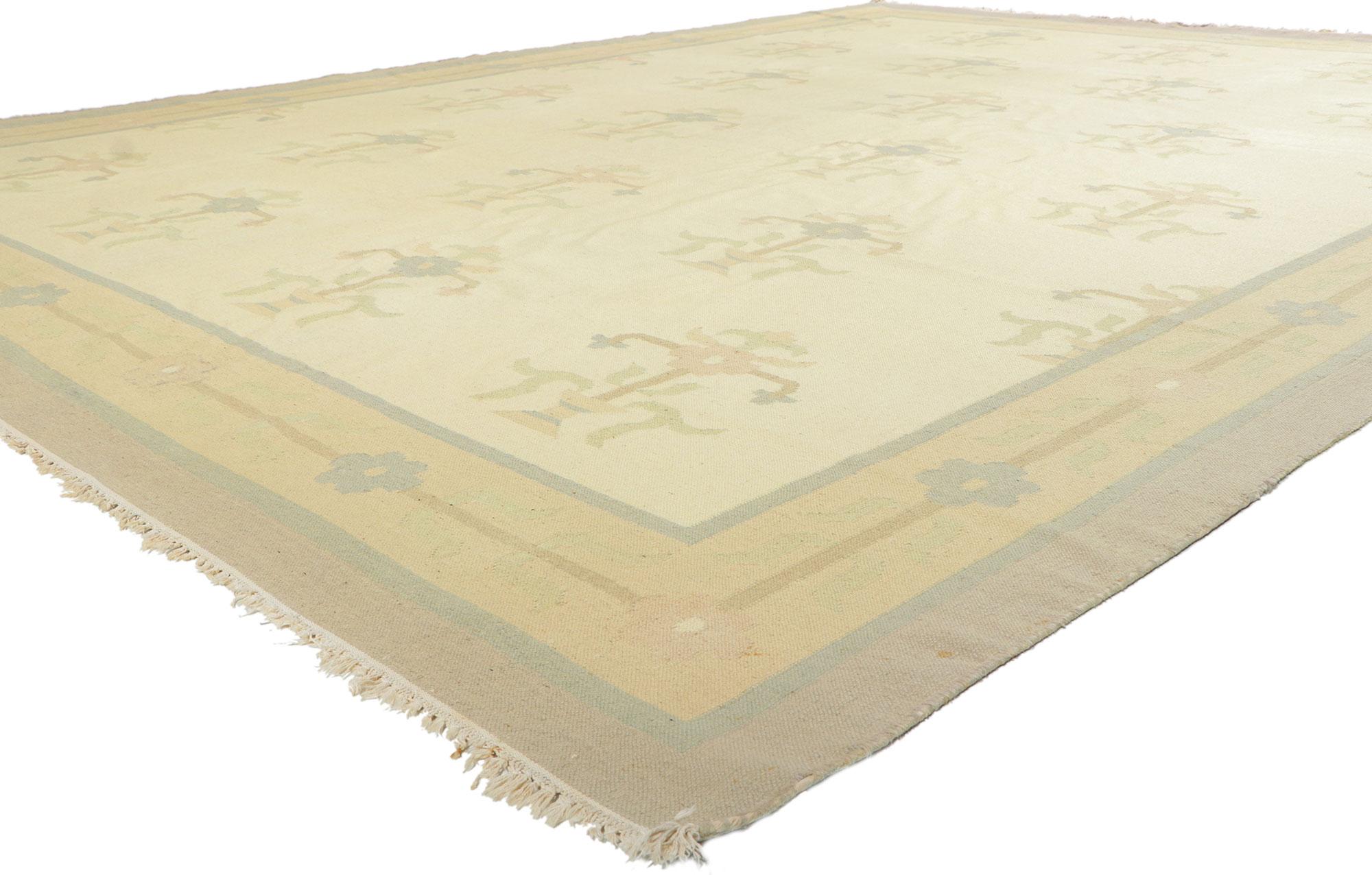 78357 Vintage Floral Indian Dhurrie rug, 10'03 x 13'08. With its subdued ornamentation, incredible detail and texture, this handwoven wool vintage Indian floral Dhurrie rug is a captivating vision of woven beauty. The timeless floral design and soft
