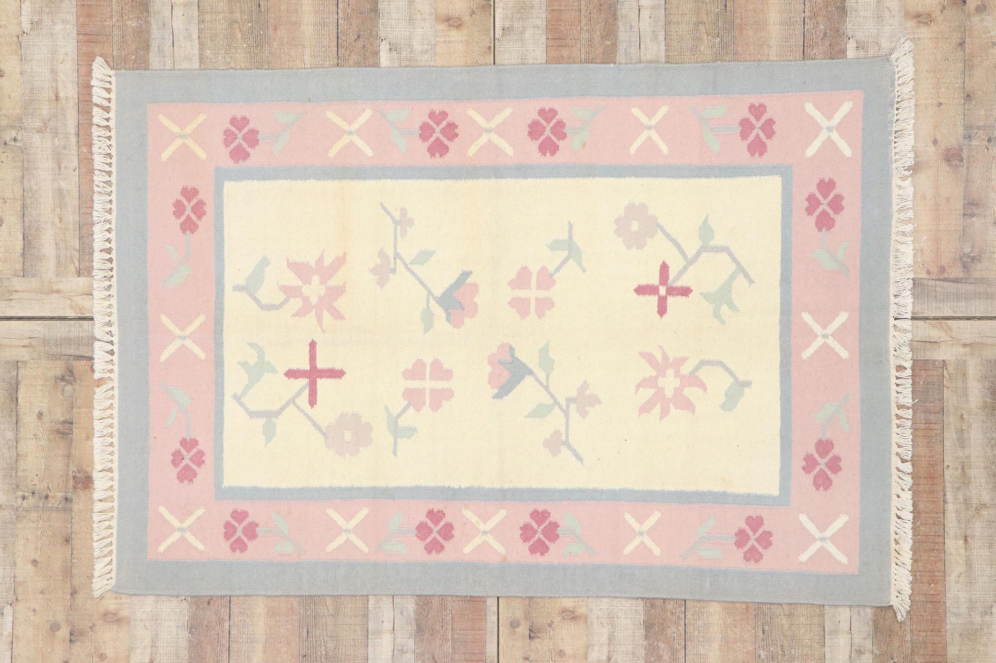 Hand-Woven Vintage Floral Dhurrie Rug For Sale