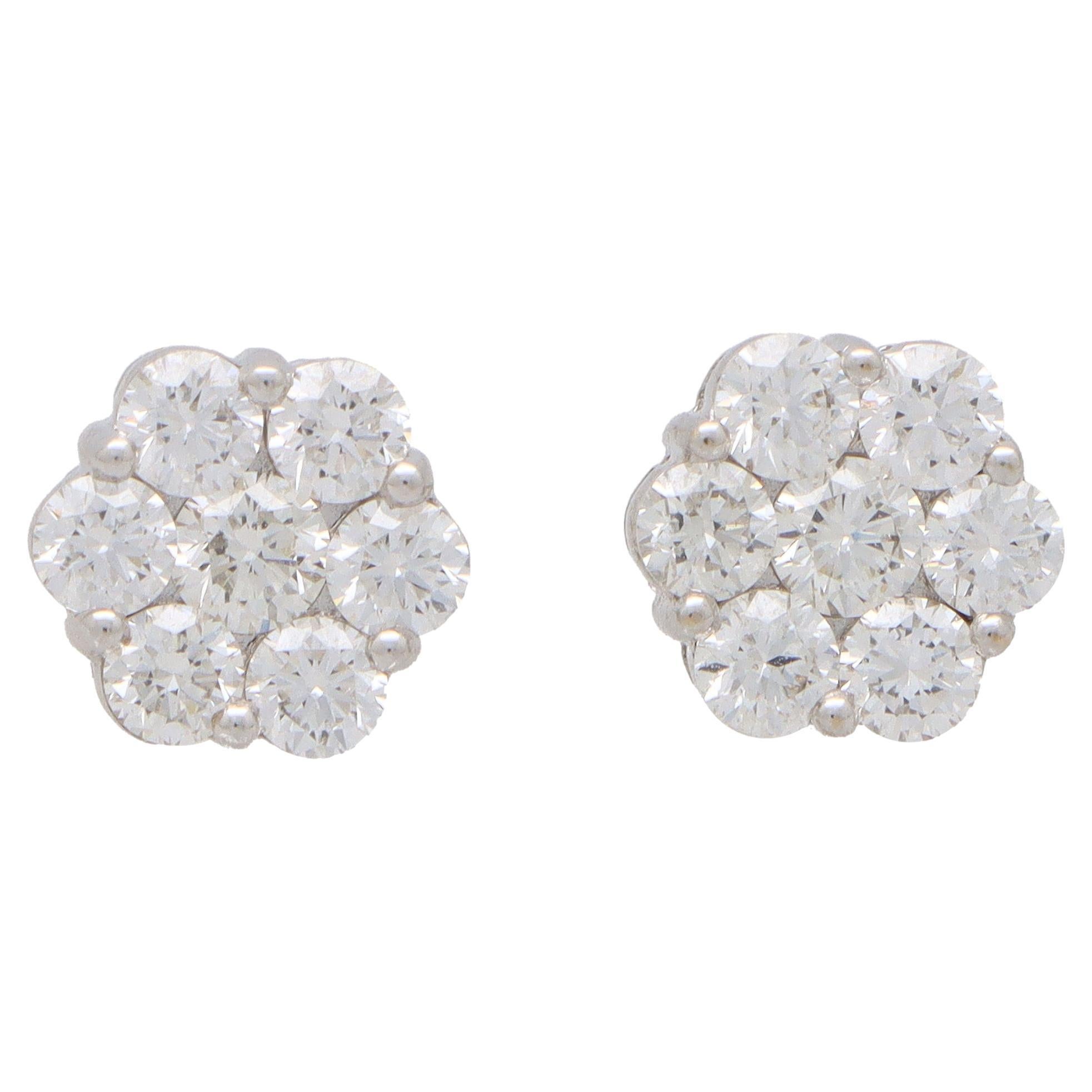 Vintage Floral Diamond Cluster Stud Earrings Set in 18k White Gold