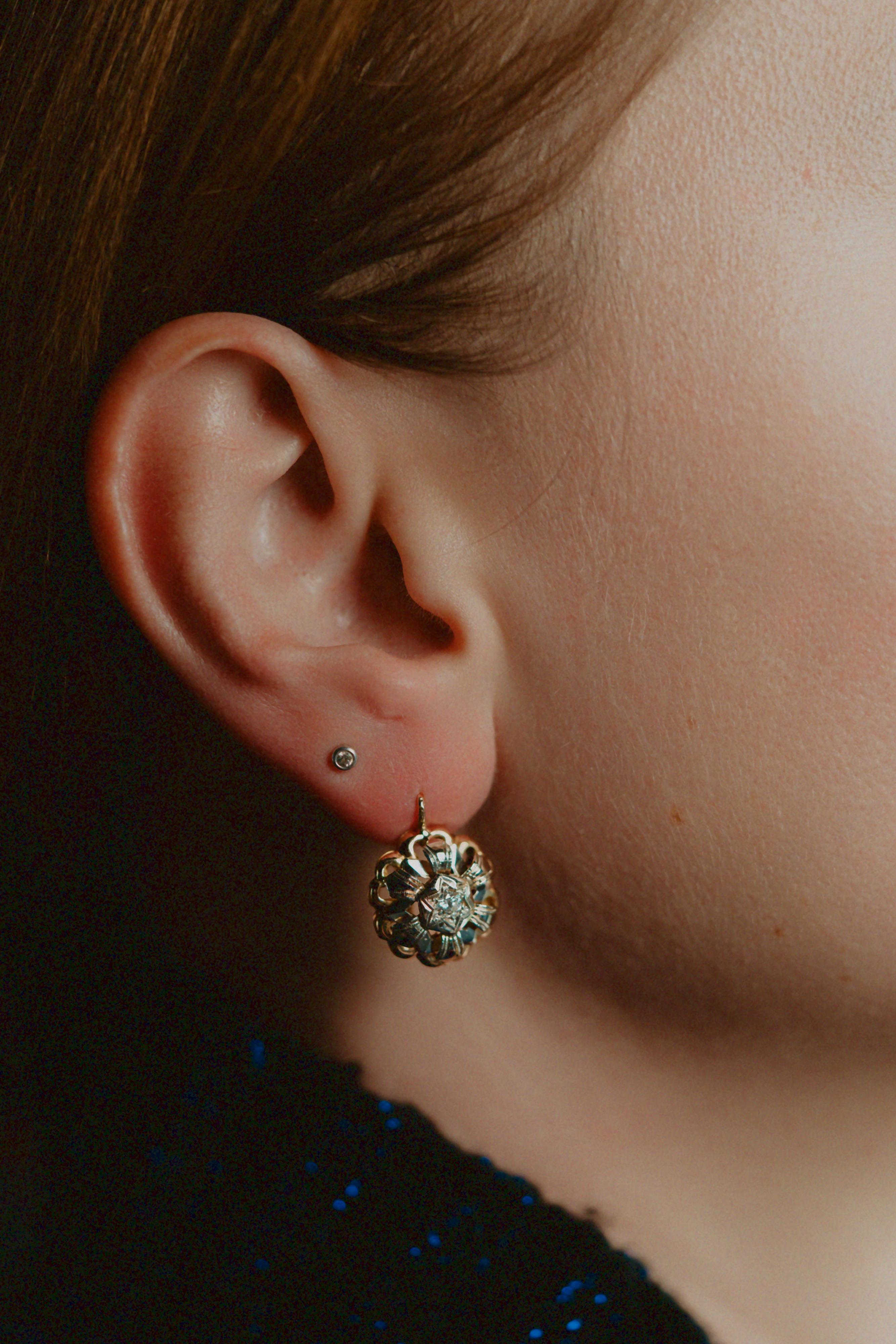 Modernist Vintage Floral Diamond Drop Earrings, Statement Large Gold Floral Earrings