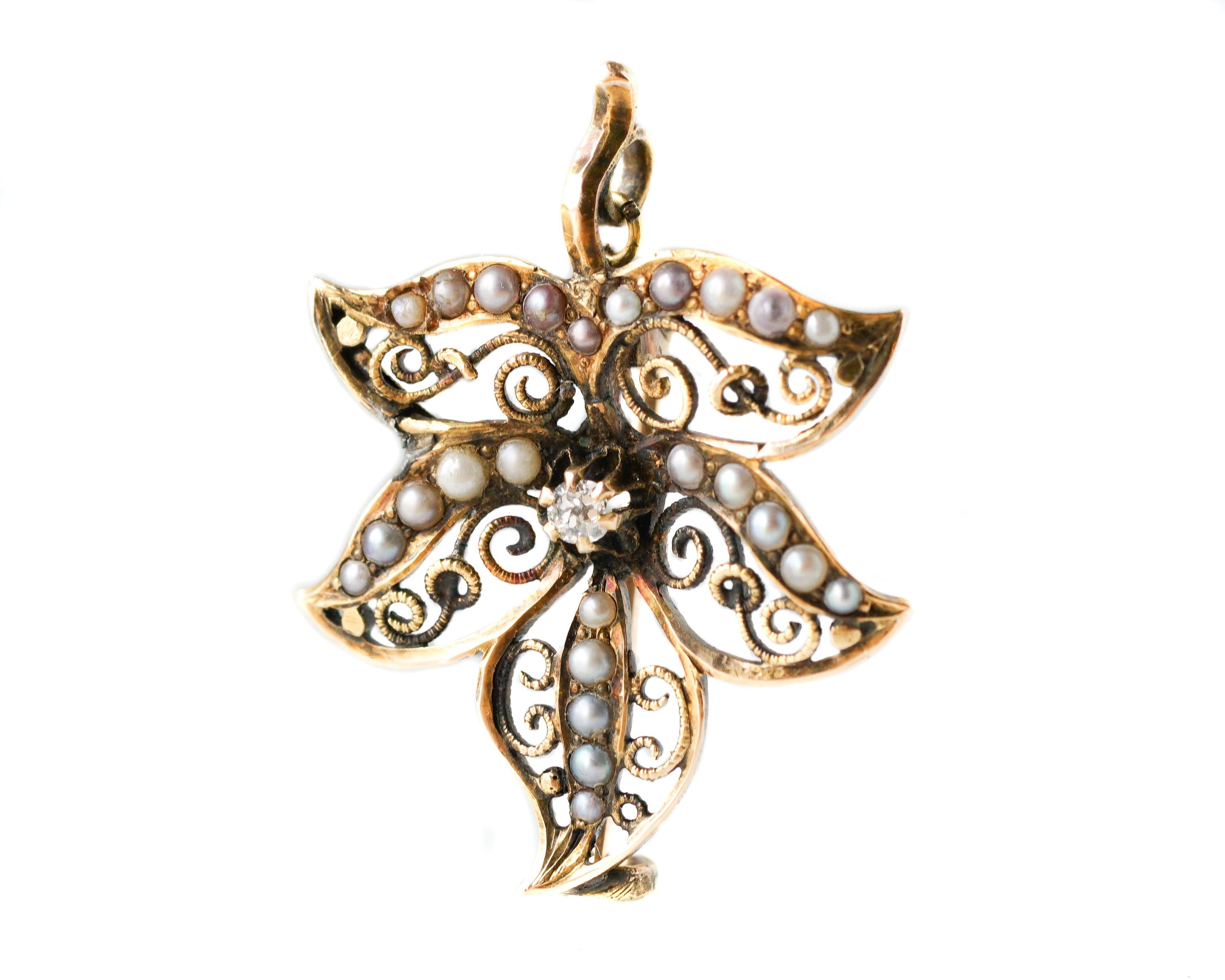 Floral Leaf Convertible Pin - 14 karat Yellow Gold, Diamond, Seed Pearls

Features:
0.05 carat Old Mine Diamond
25 Seed Pearls
14 karat Yellow Gold
6-Prong Diamond Setting
Gold Swirl Filigree Detail
Antique C-Clasp Pin
Fixed Bail on back of Stem