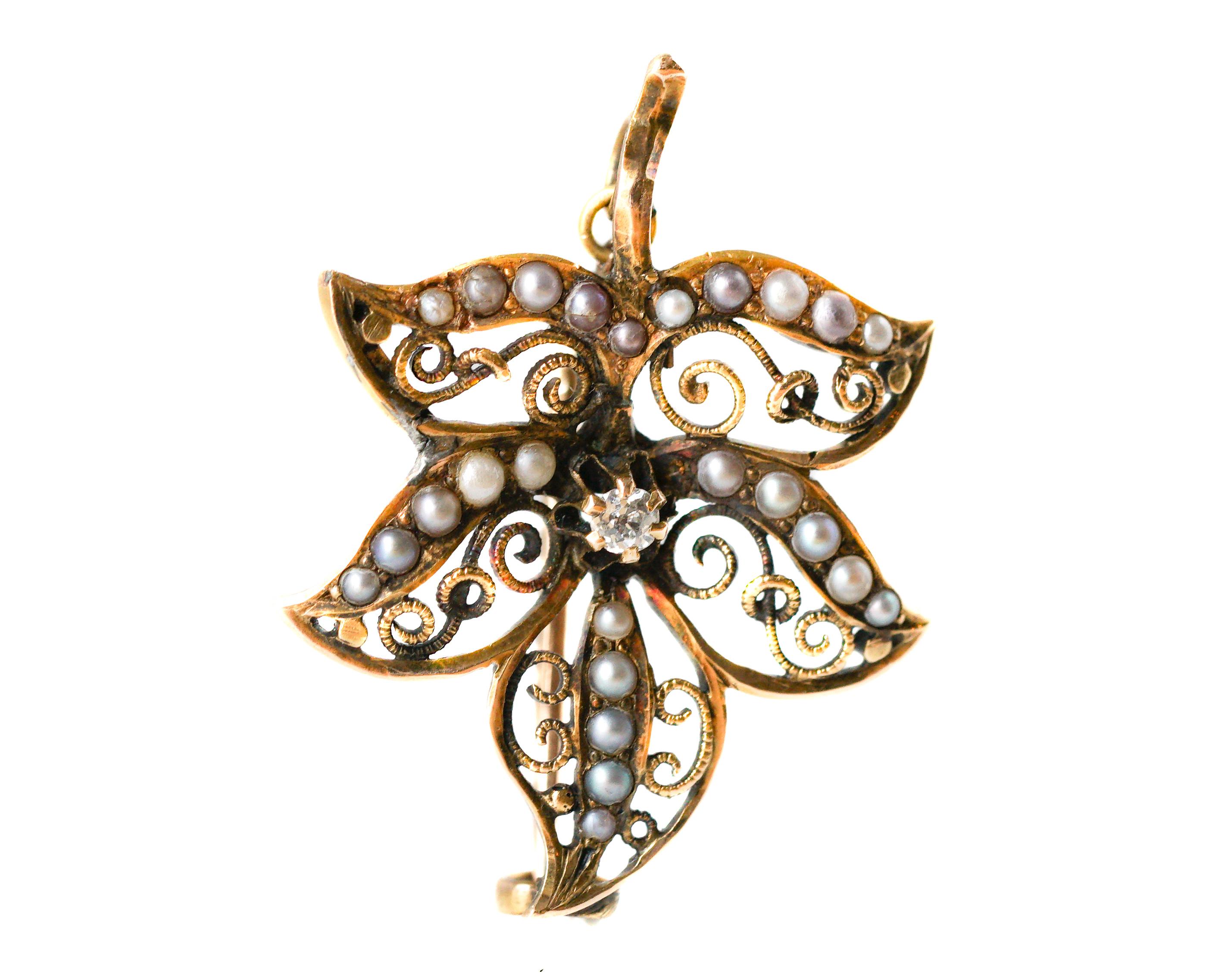 Old Mine Cut Vintage Floral Diamond, Pearl and Gold Filigree Brooch Pendant