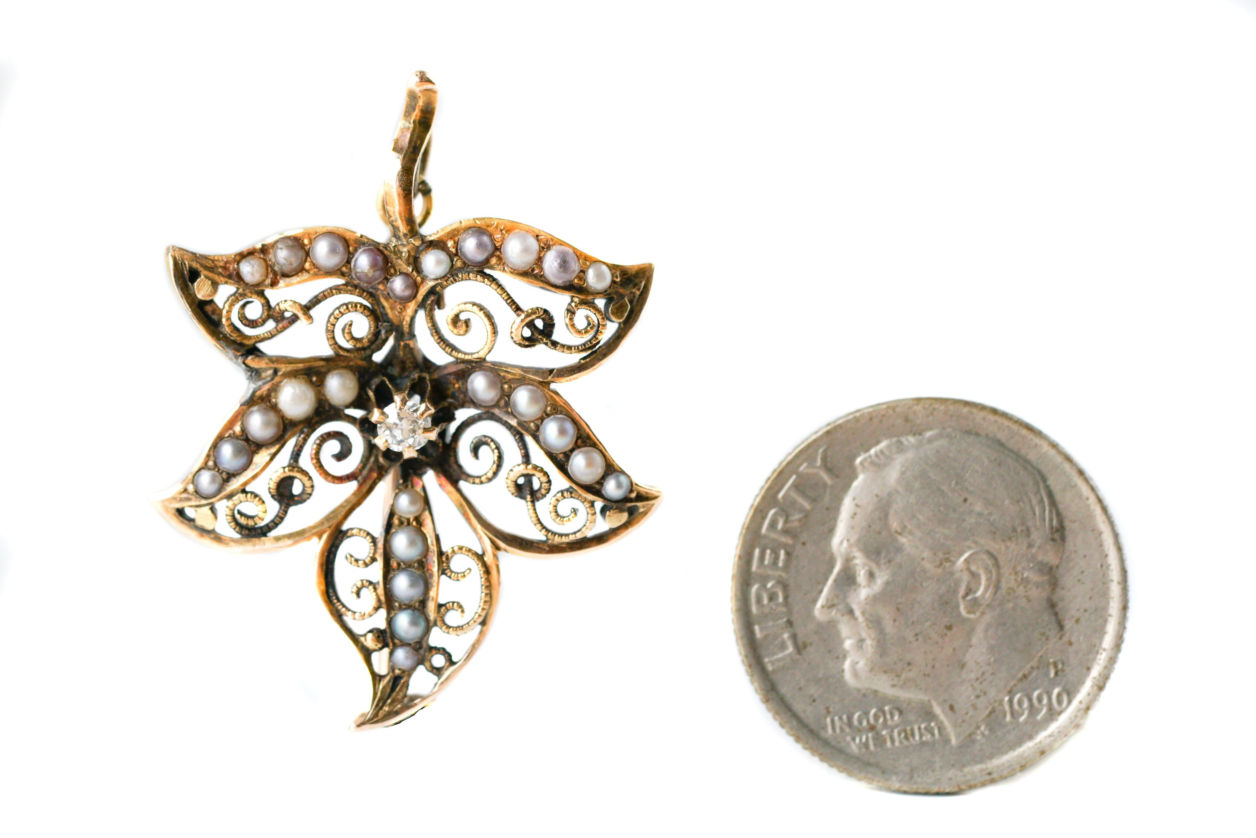 Vintage Floral Diamond, Pearl and Gold Filigree Brooch Pendant 2