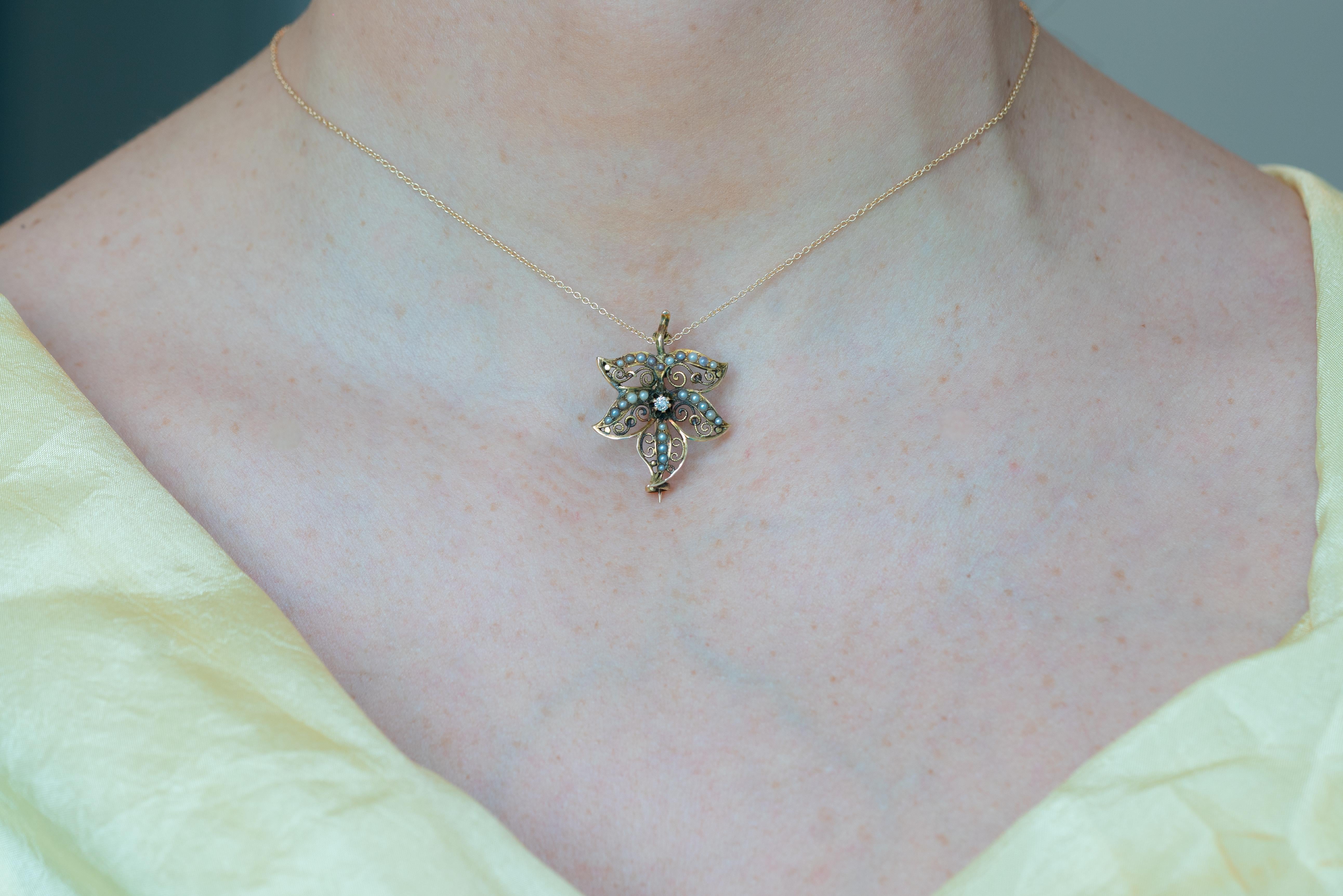 Vintage Floral Diamond, Pearl and Gold Filigree Brooch Pendant 3
