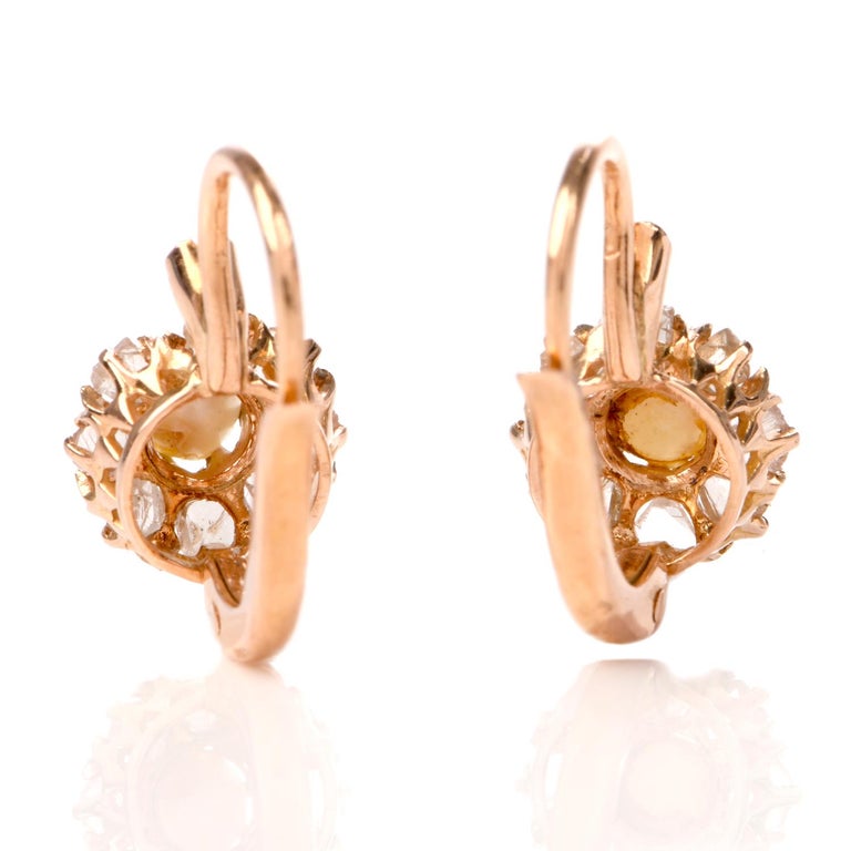 Vintage Floral Diamond Pearl Rose Gold French Back Earrings For Sale at ...