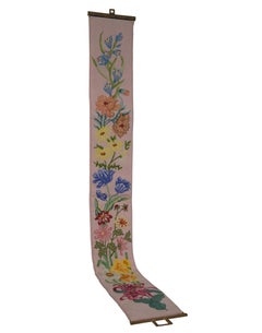 Vintage Floral Embroidered Needlepoint Wall Tapestry Panel Bell Pull