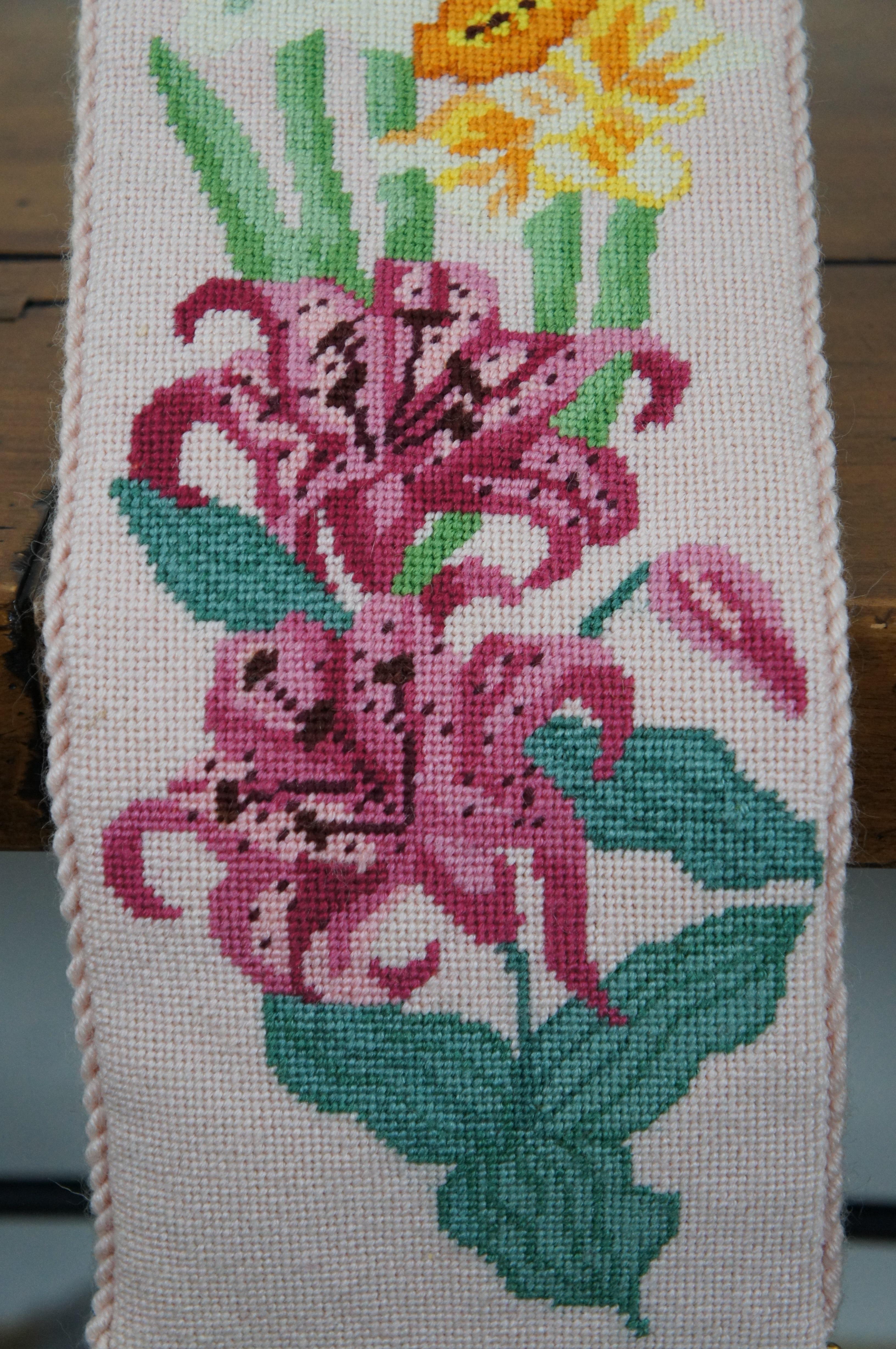 Vintage Floral Embroidered Needlepoint Wall Tapestry Panel Bell Pull  In Good Condition In Dayton, OH