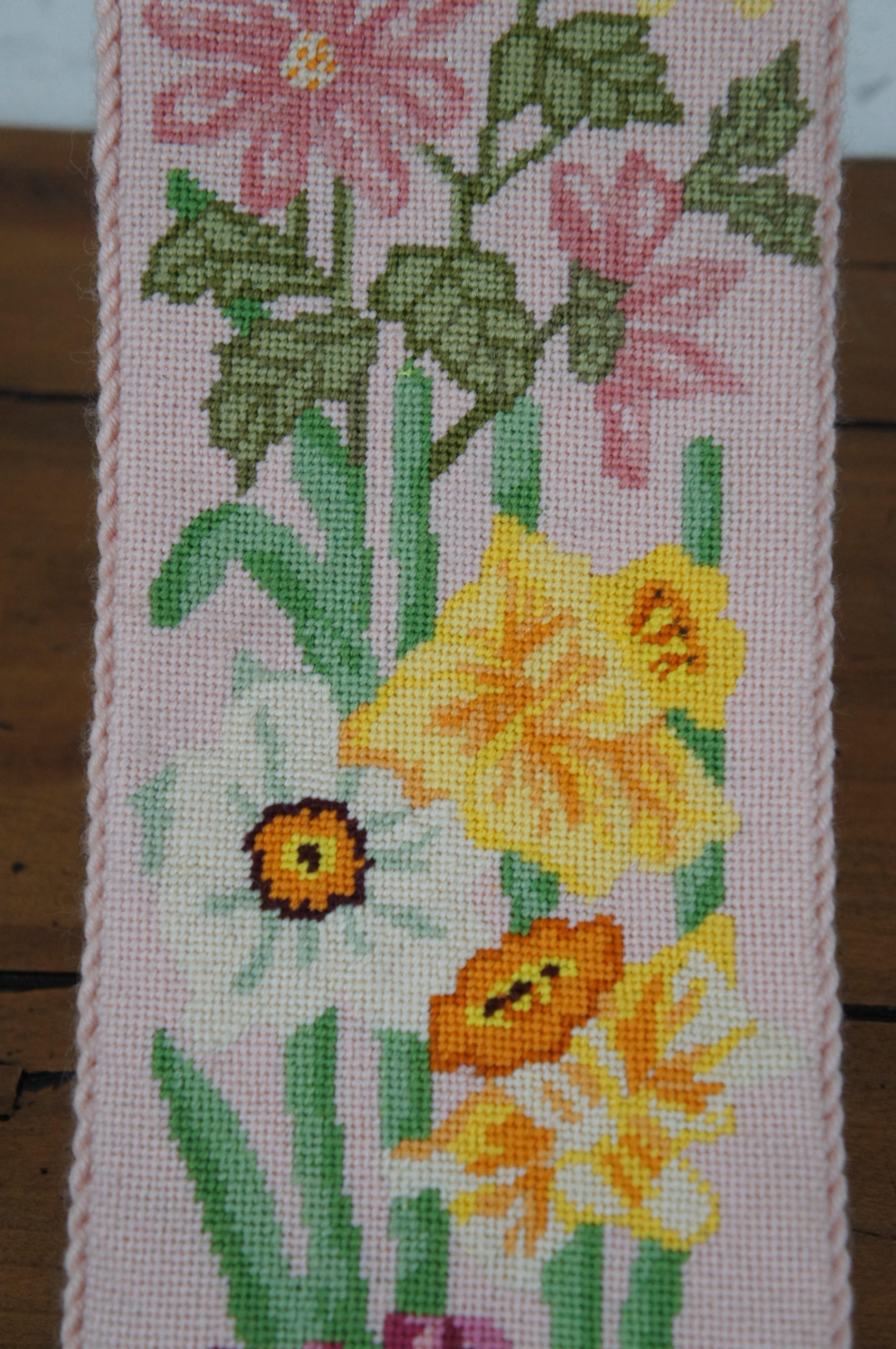 20th Century Vintage Floral Embroidered Needlepoint Wall Tapestry Panel Bell Pull 