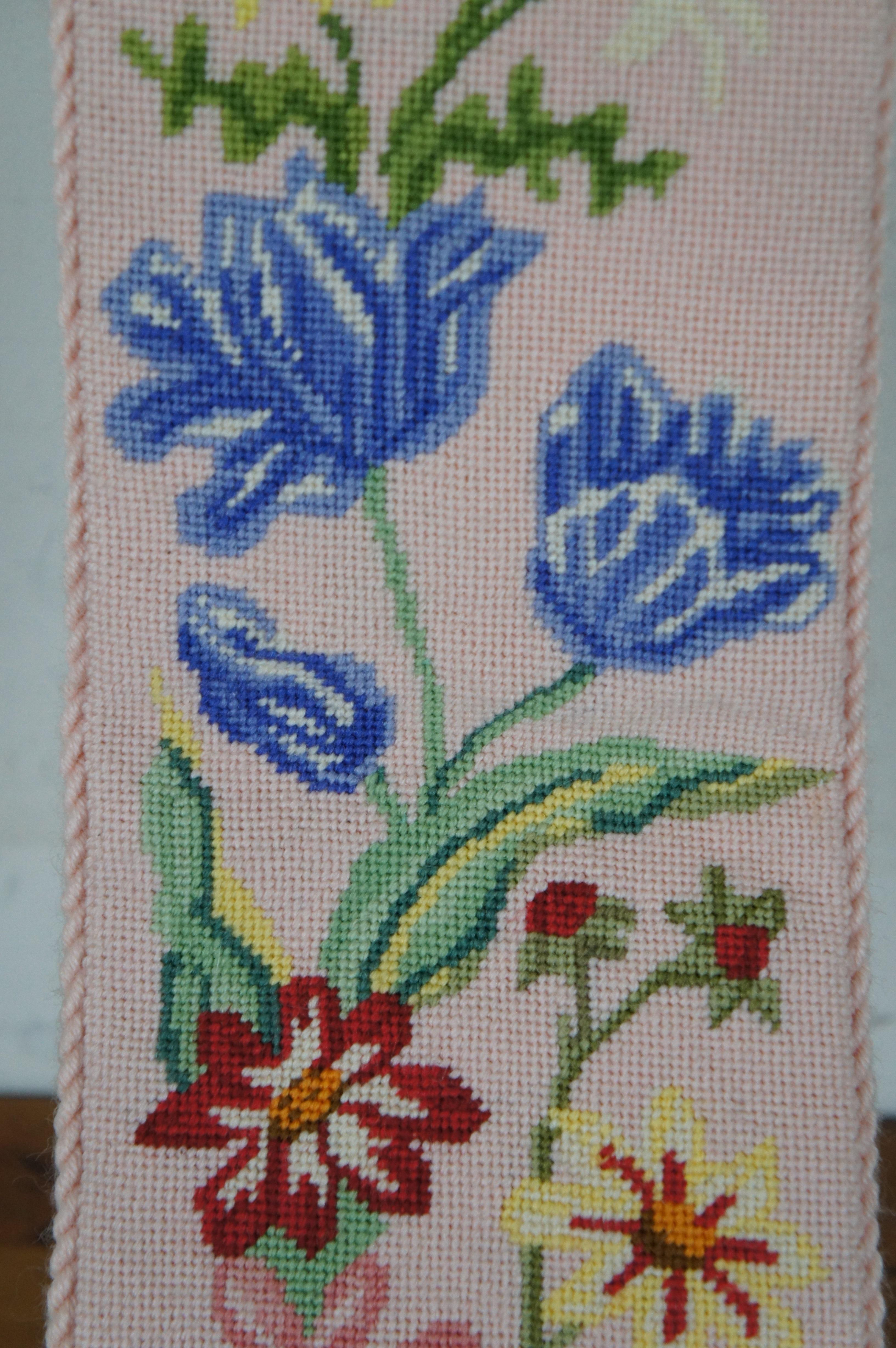 Brass Vintage Floral Embroidered Needlepoint Wall Tapestry Panel Bell Pull 