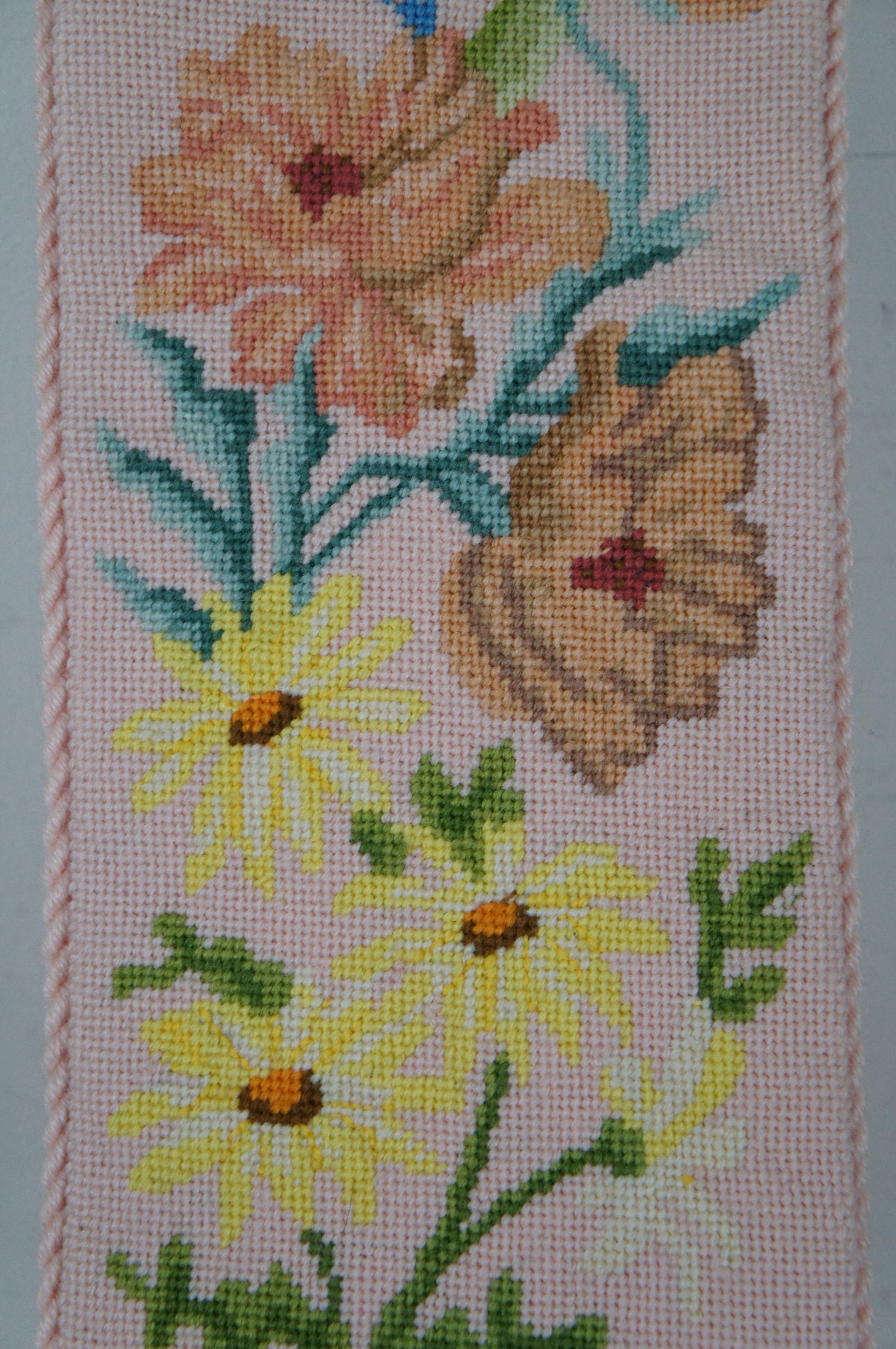 Vintage Floral Embroidered Needlepoint Wall Tapestry Panel Bell Pull  1