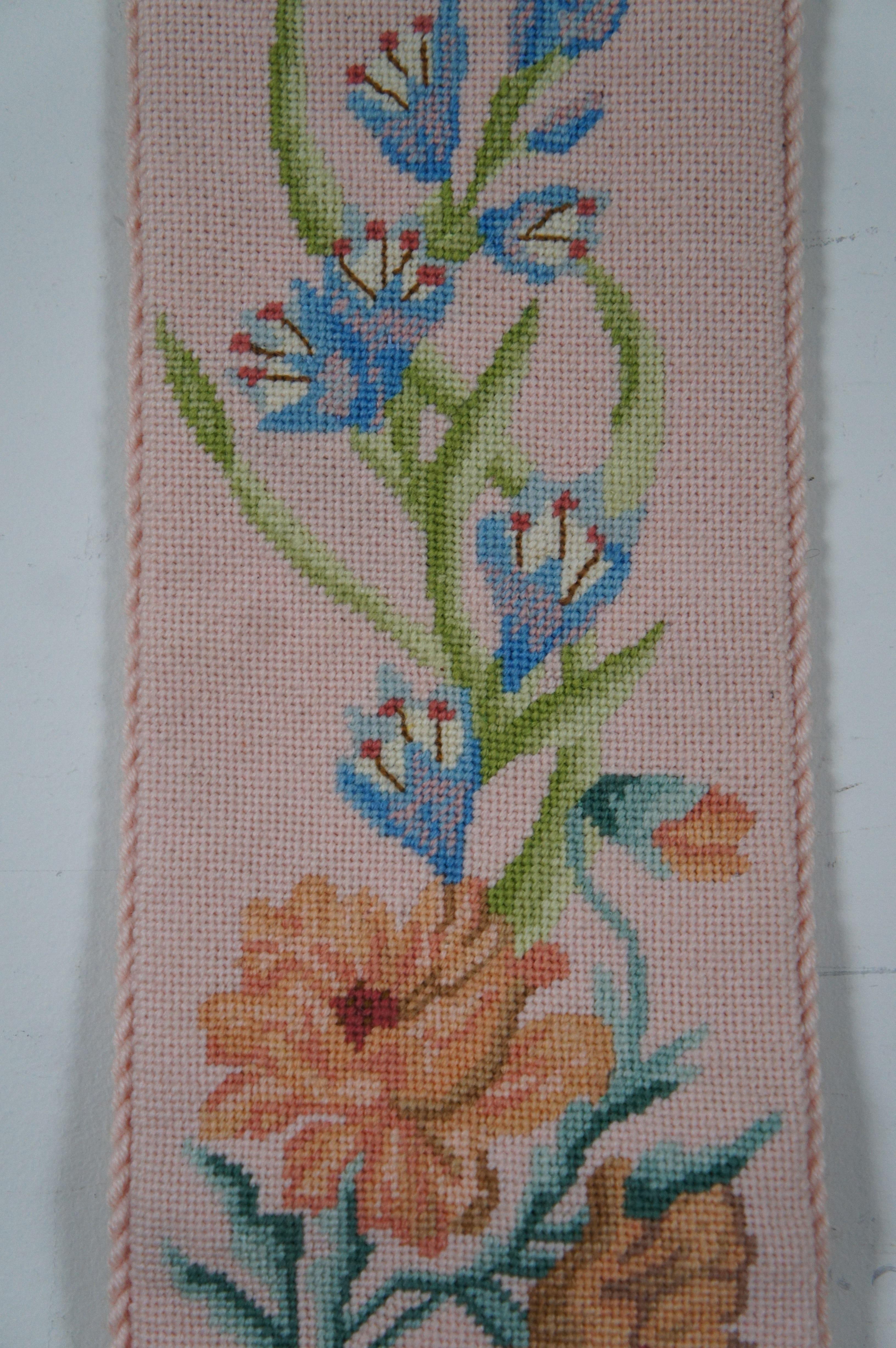 Vintage Floral Embroidered Needlepoint Wall Tapestry Panel Bell Pull  2