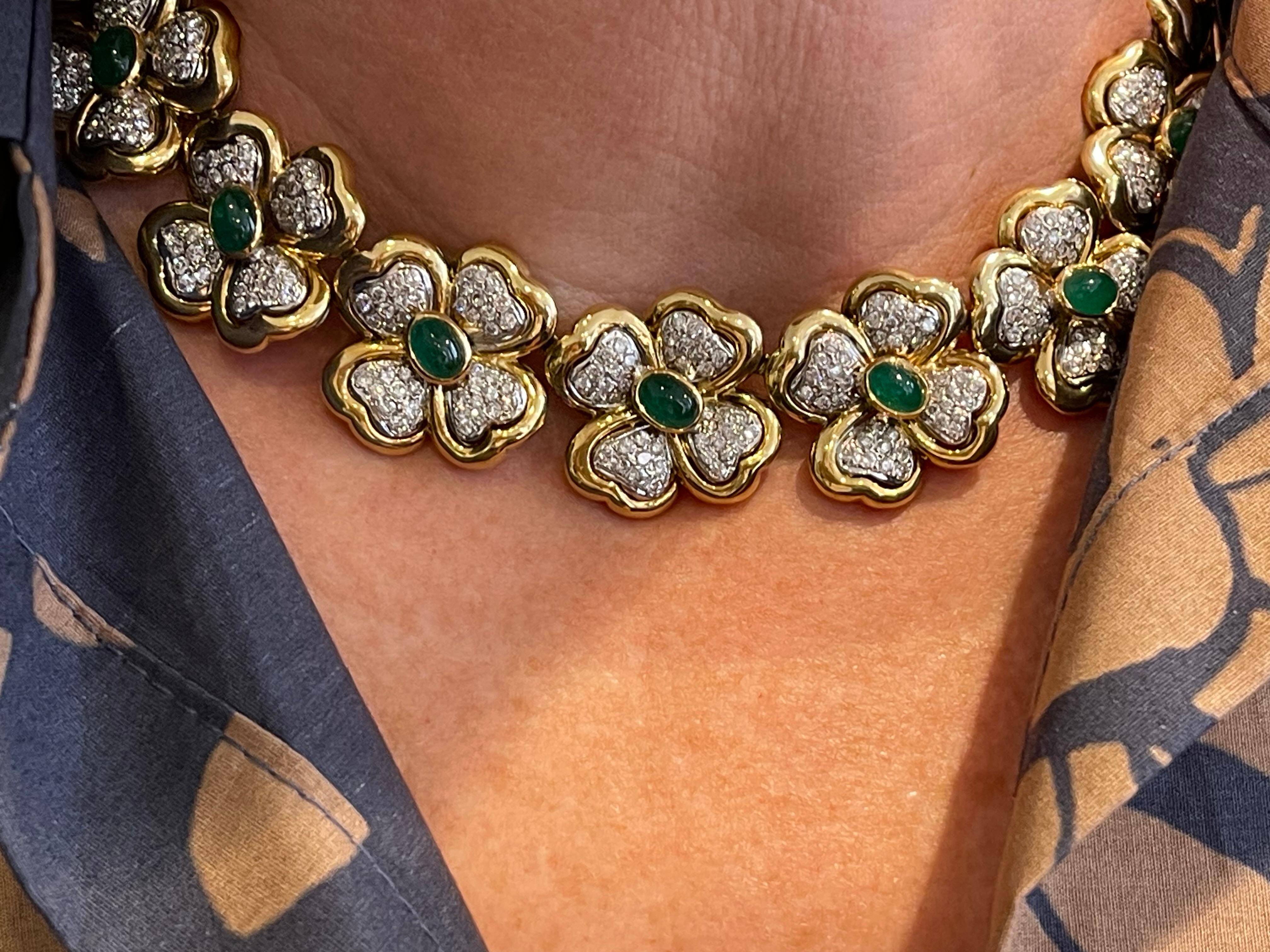 Vintage Floral Emerald and Diamond Necklace For Sale 1