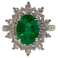 Art Deco Floral 2 CT Certified Natural Emerald Diamond Cocktail Ring in 18K Gold