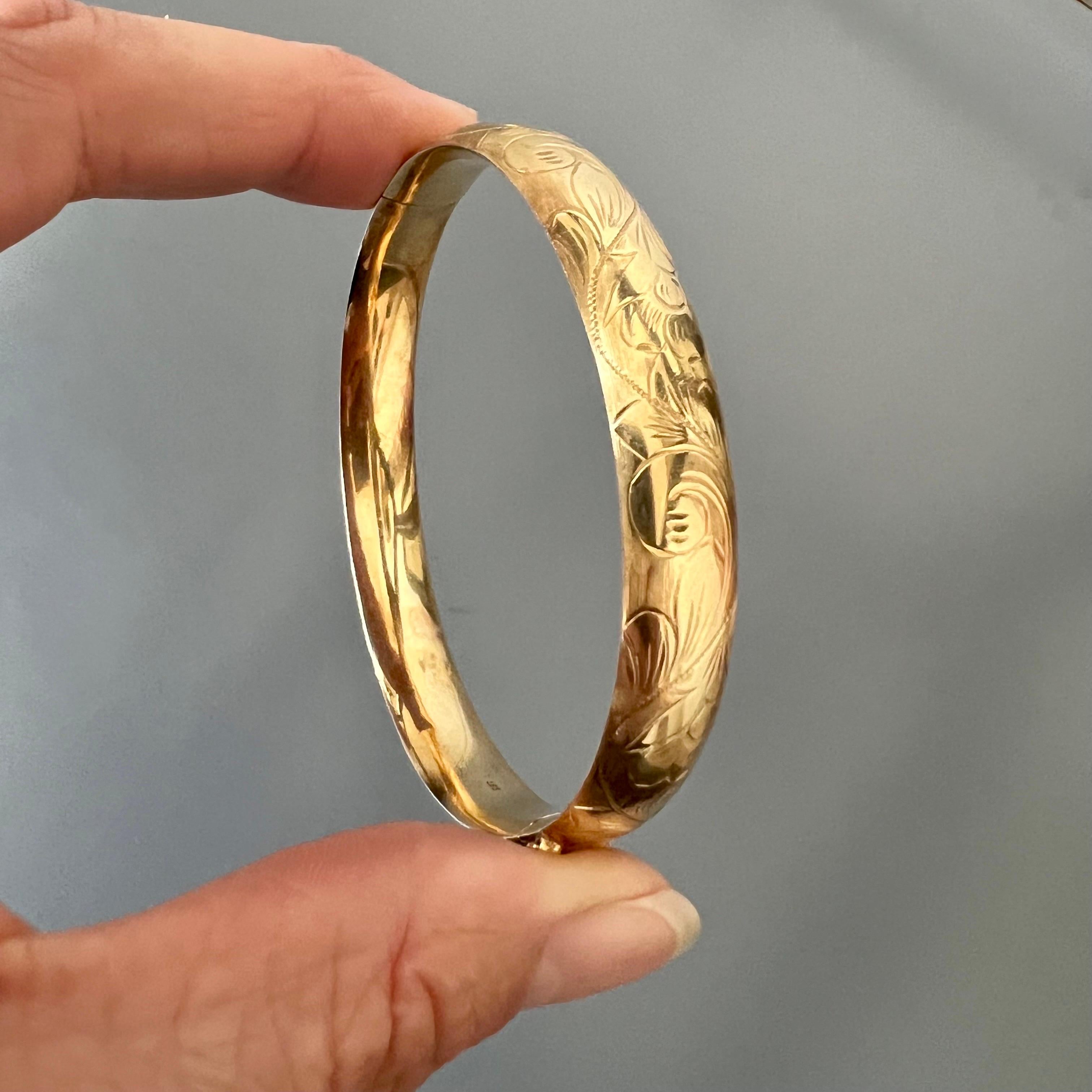 Vintage Floral graviert 14 Karat Gold Armreif Armband für Damen oder Herren im Angebot