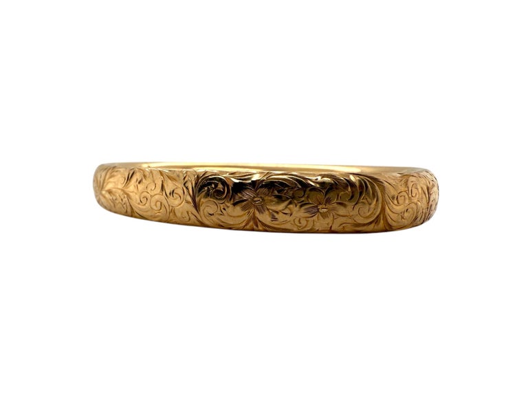 Vintage Floral Engraved Yellow Gold Bangle Bracelet November 8