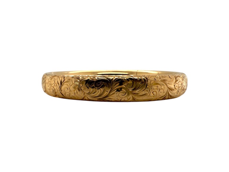 Vintage Floral Engraved Yellow Gold Bangle Bracelet November 8