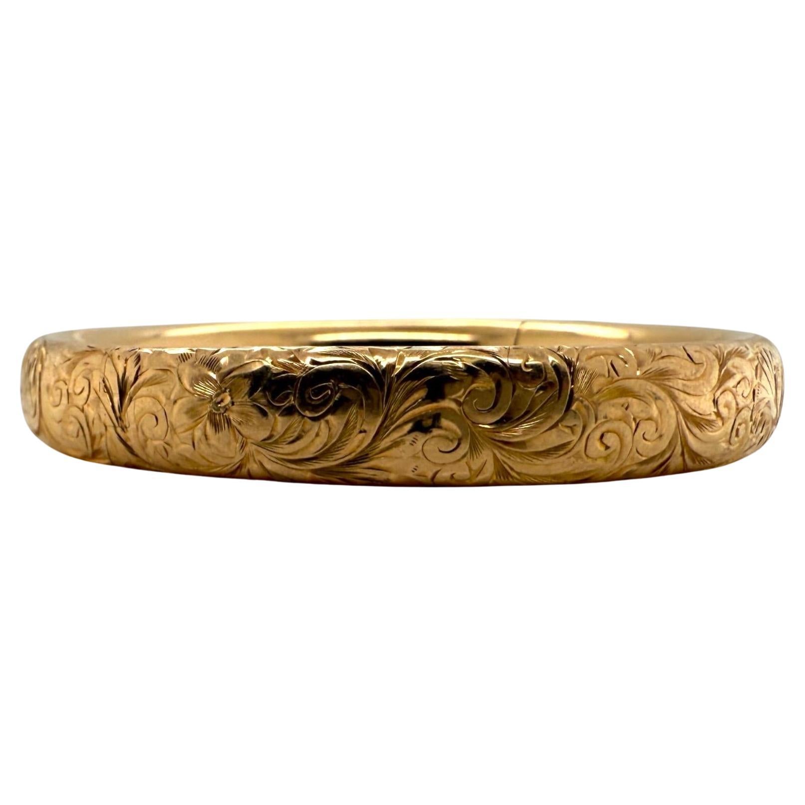 Vintage Floral Engraved Yellow Gold Bangle Bracelet November 8