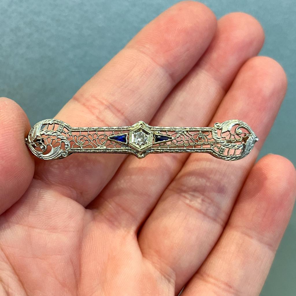 Edwardian Vintage Floral Filigree European Diamond .48 Cts and Sapphire Brooch in 14kwg LV For Sale