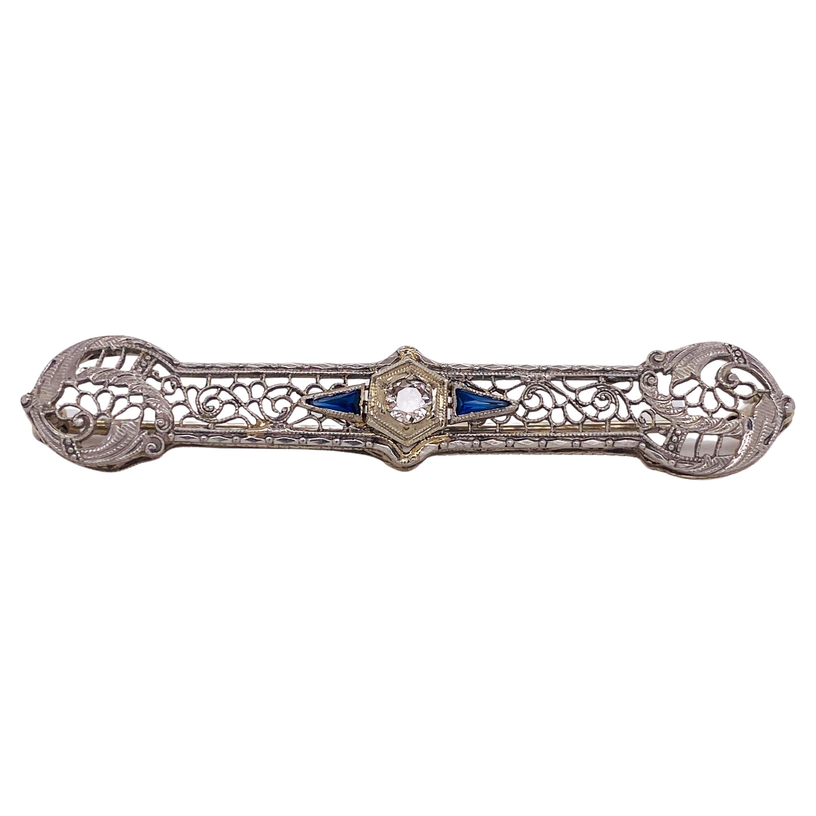Vintage Floral Filigree European Diamond .48 Cts and Sapphire Brooch in 14kwg LV For Sale