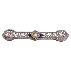 Vintage Floral Filigree European Diamond .48 Cts and Sapphire Brooch in 14kwg LV