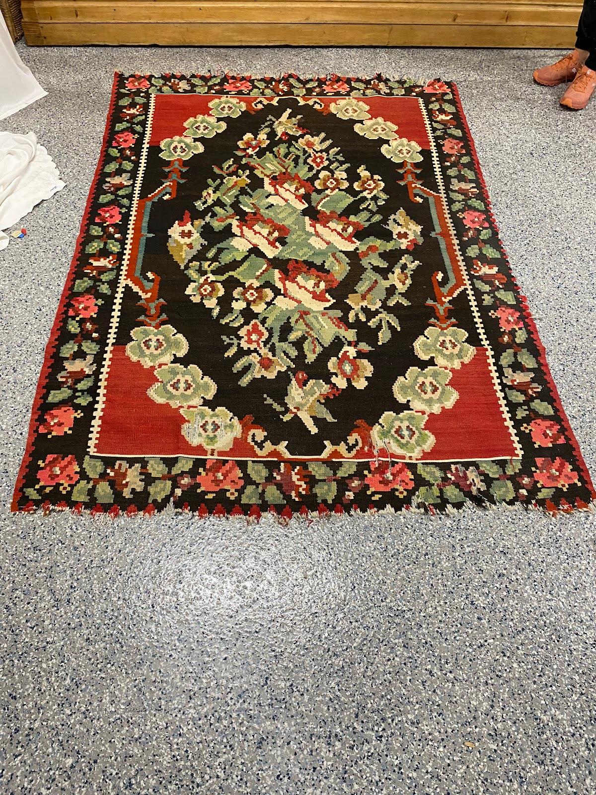  Vintage Floral Flatweave Rug in Red, Black, Brown, Green and Yellow In Good Condition For Sale In Sag Harbor, NY