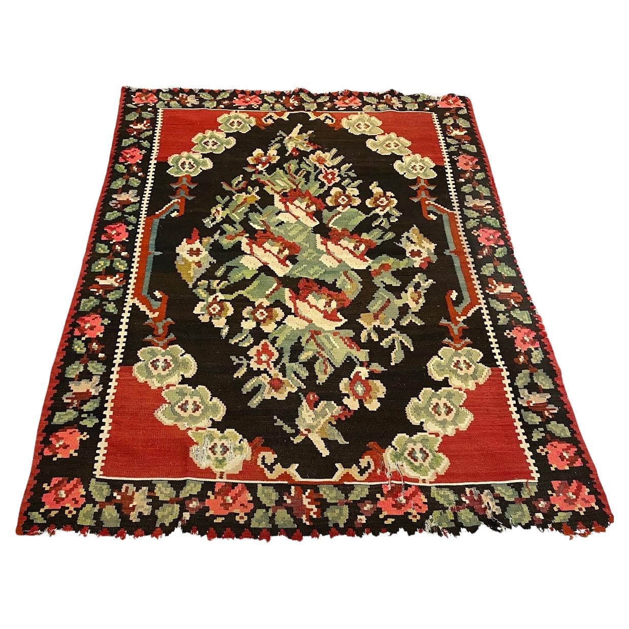 Vintage Floral Flatweave Rug in Red, Black, Brown, Green and Yellow For Sale
