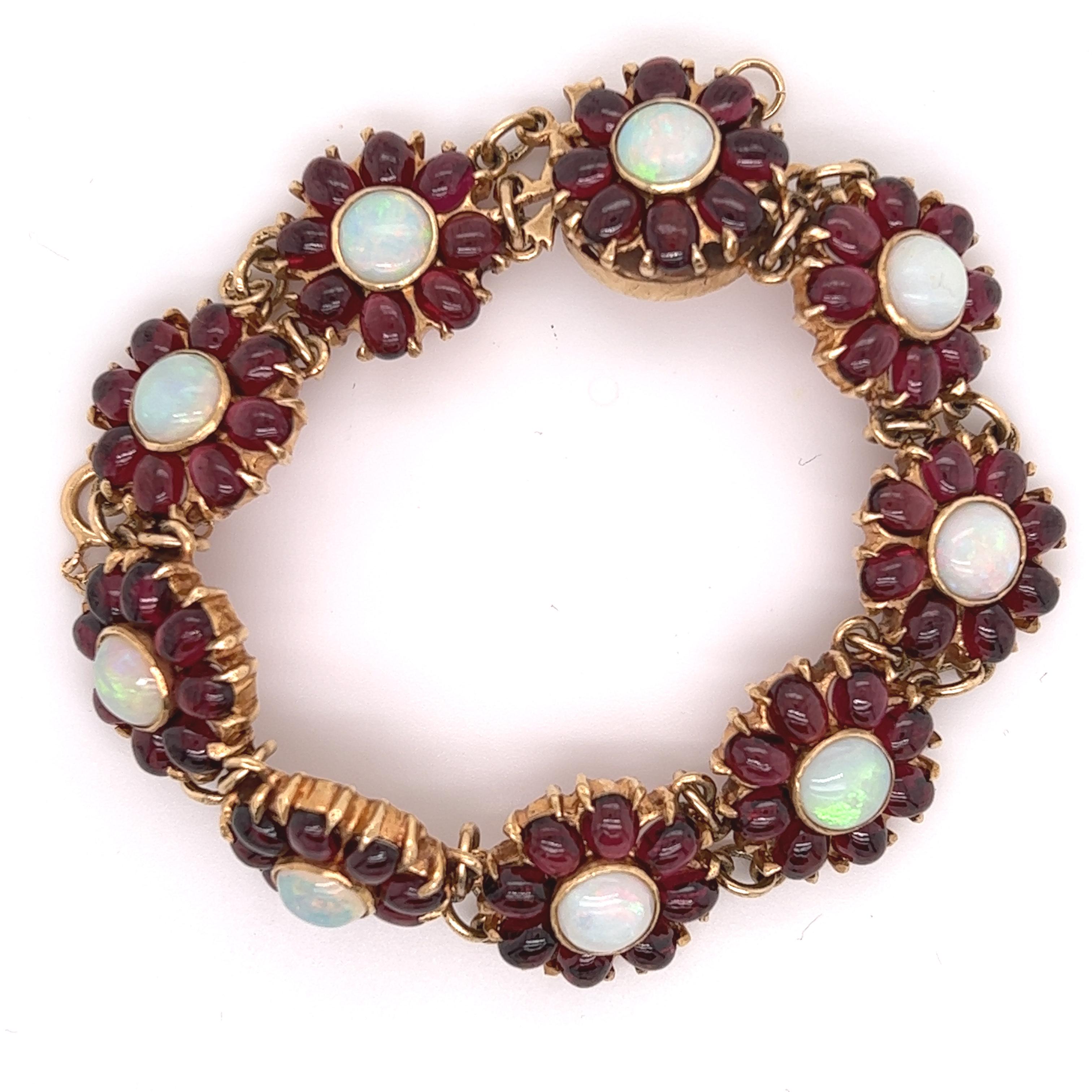 Retro Vintage Floral Garnet & Opal 14k Yellow Gold Bracelet