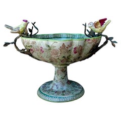 Vintage Floral Glazed Ceramic Pedestal Cache Pot