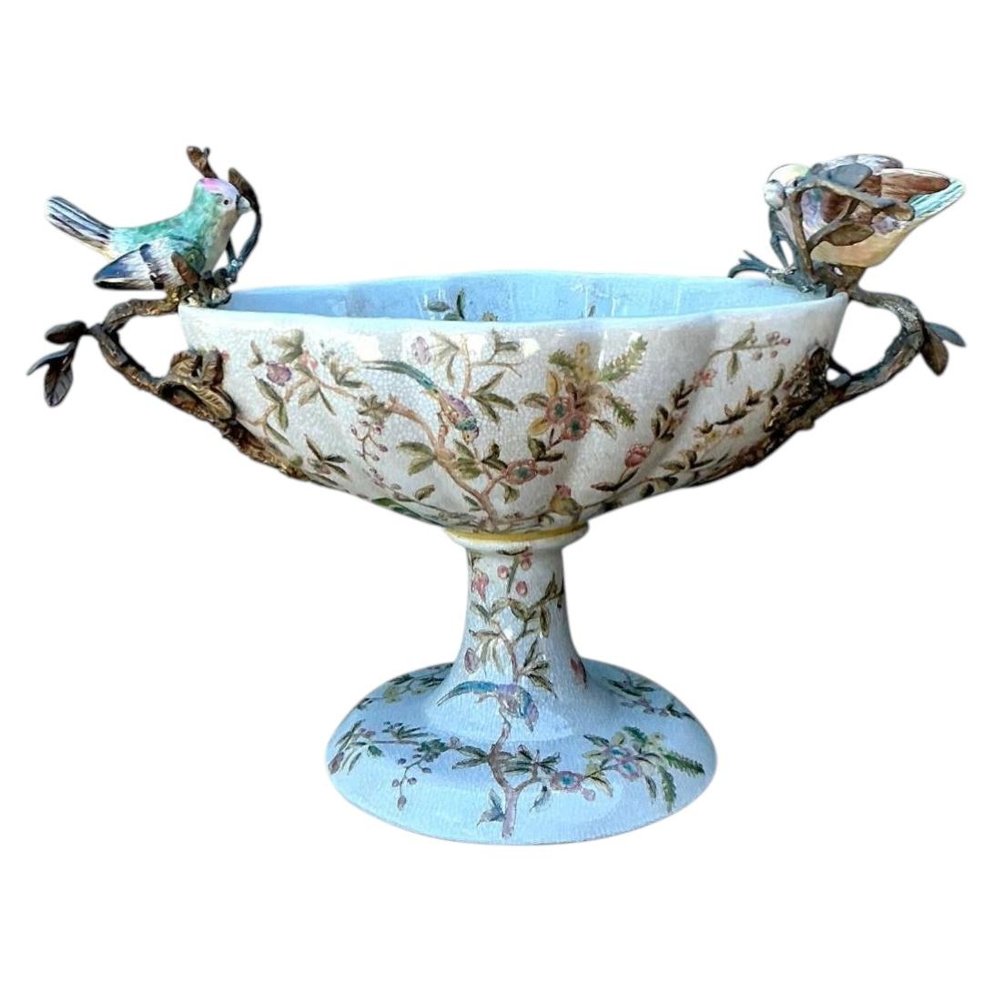 Maceta de cerámica esmaltada con pedestal floral vintage