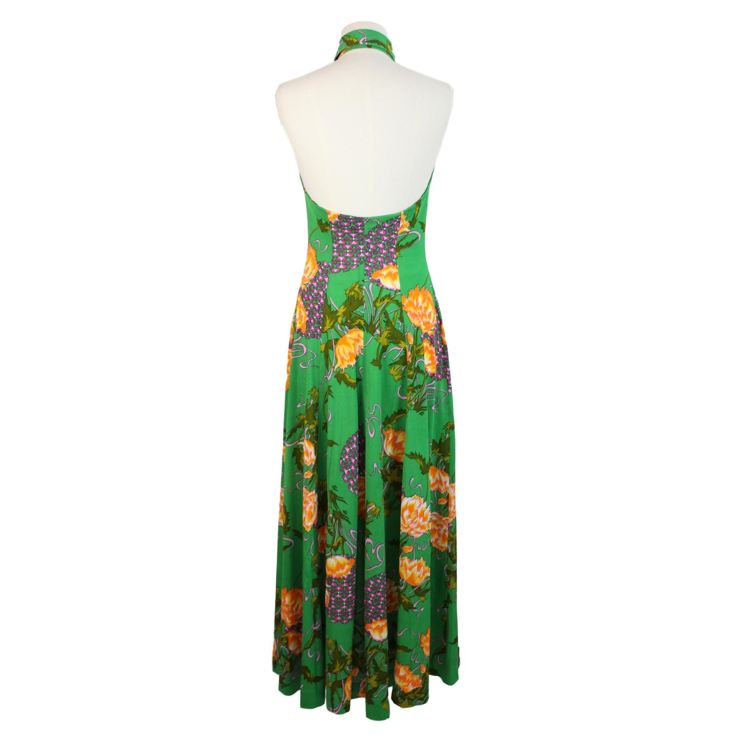 Verde Vintage Floral Green Long Cocktail Handmade Dress 1980s in vendita