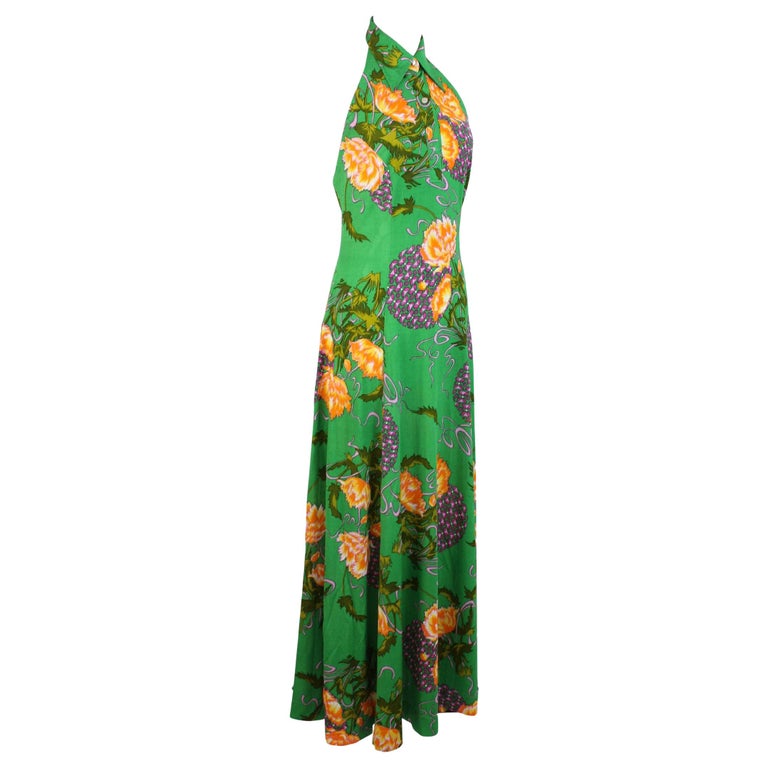 Vintage Floral Green Long Cocktail Handmade Dress 1980s For Sale at 1stDibs