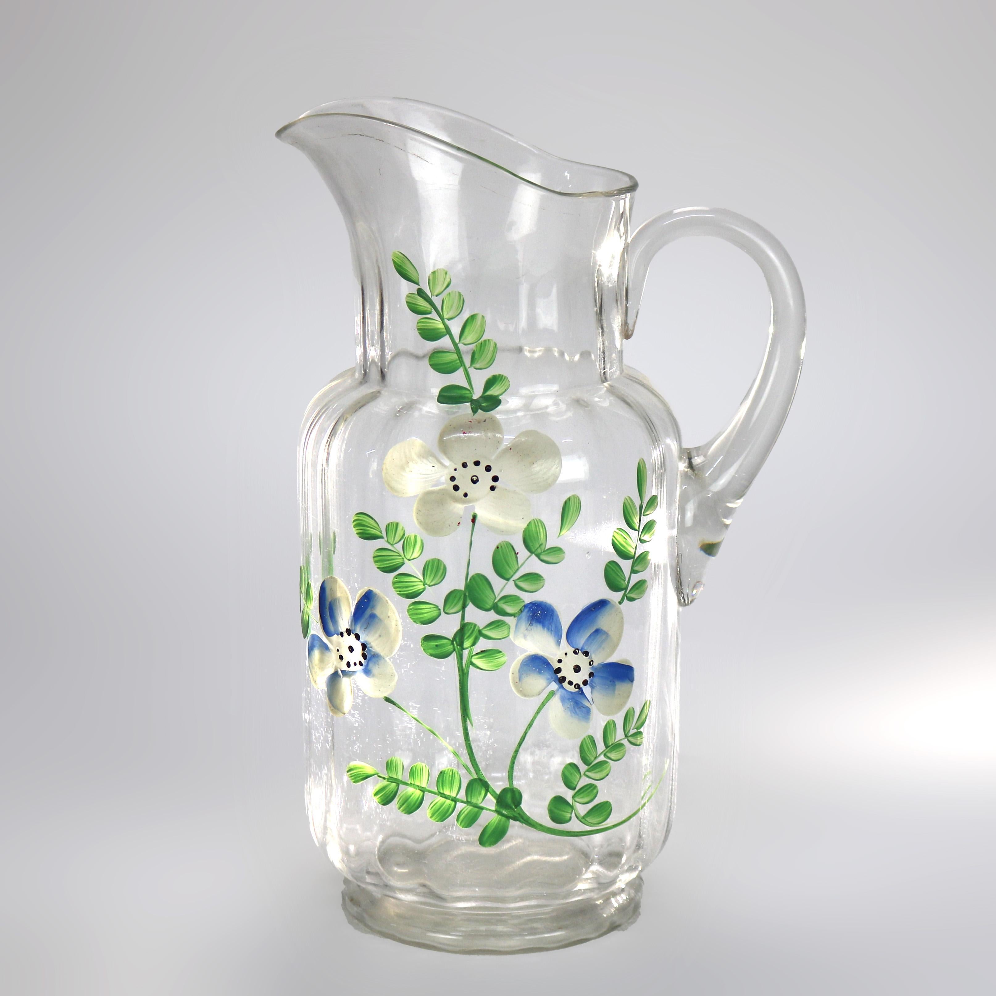 Vintage Floral Hand Painted Glass Water Pitcher C1950 In Good Condition For Sale In Big Flats, NY