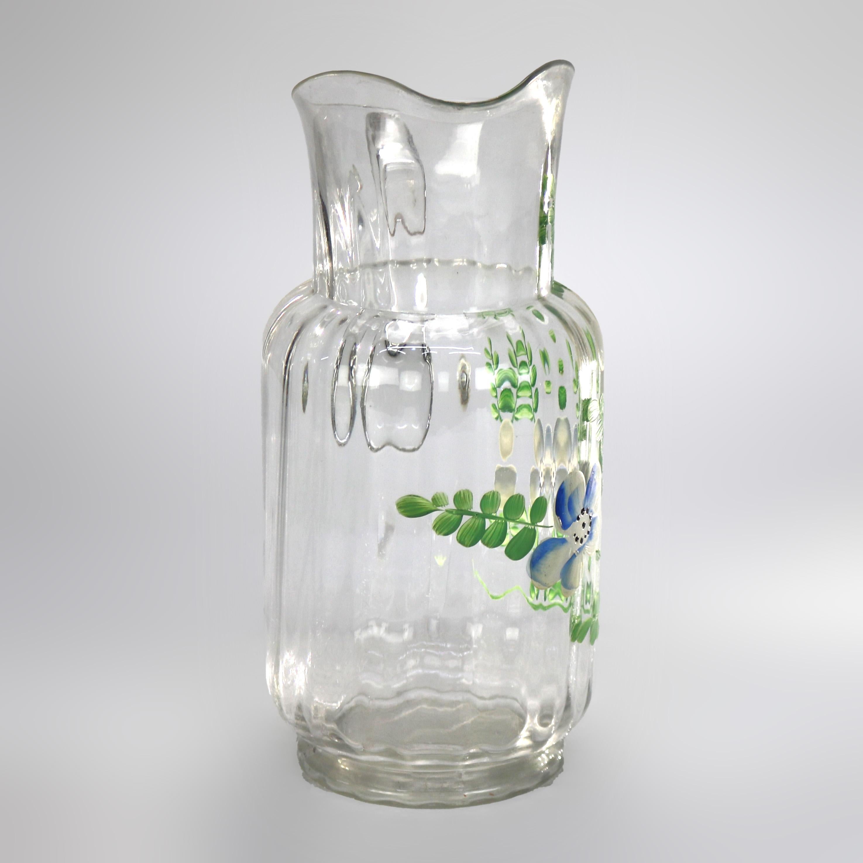 20th Century Vintage Floral Hand Painted Glass Water Pitcher C1950 For Sale