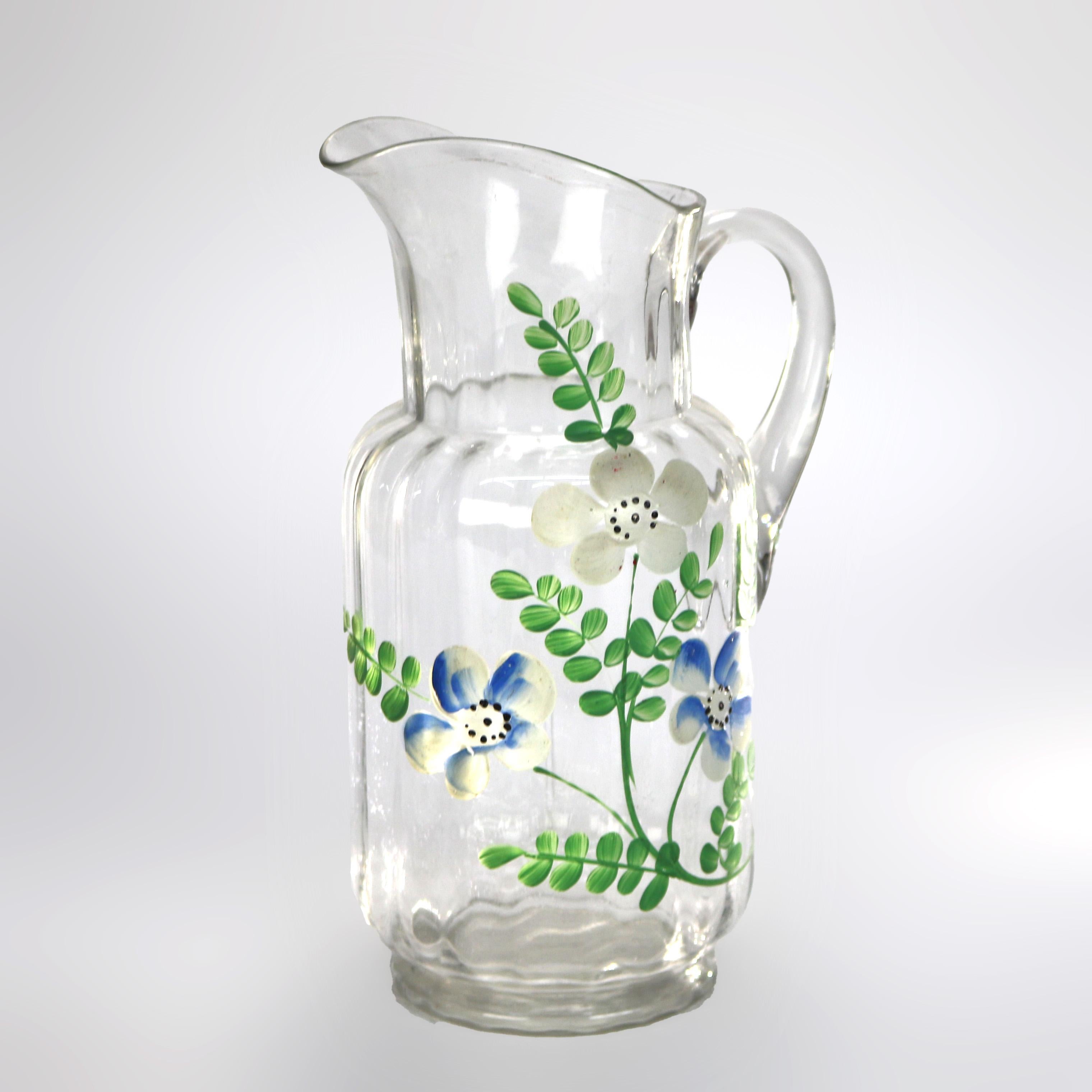 Vintage Floral Hand Painted Glass Water Pitcher C1950 For Sale 1