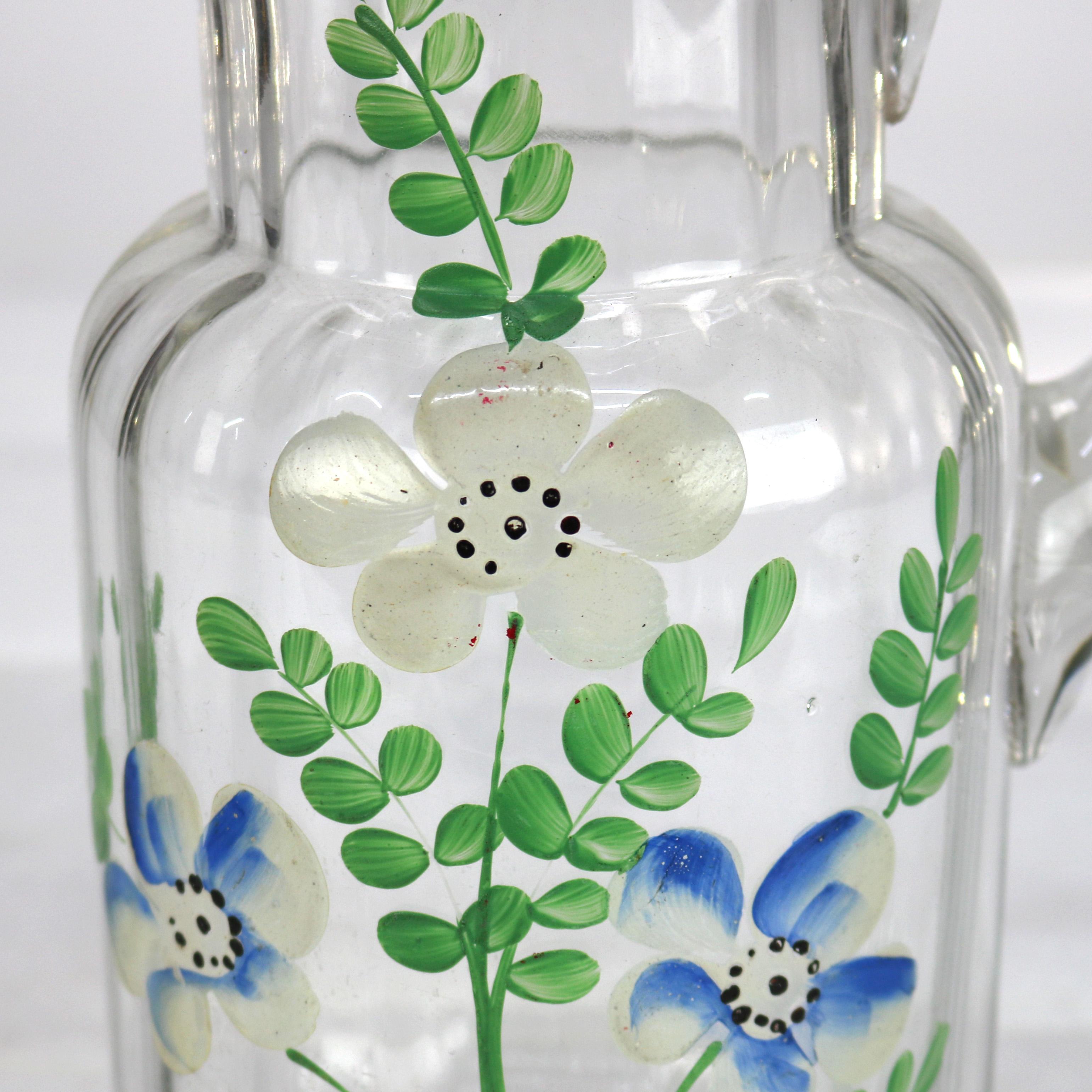Vintage Floral Hand Painted Glass Water Pitcher C1950 For Sale 2
