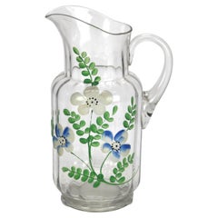 Vintage Floral Hand Painted Glass Water Pitcher C1950