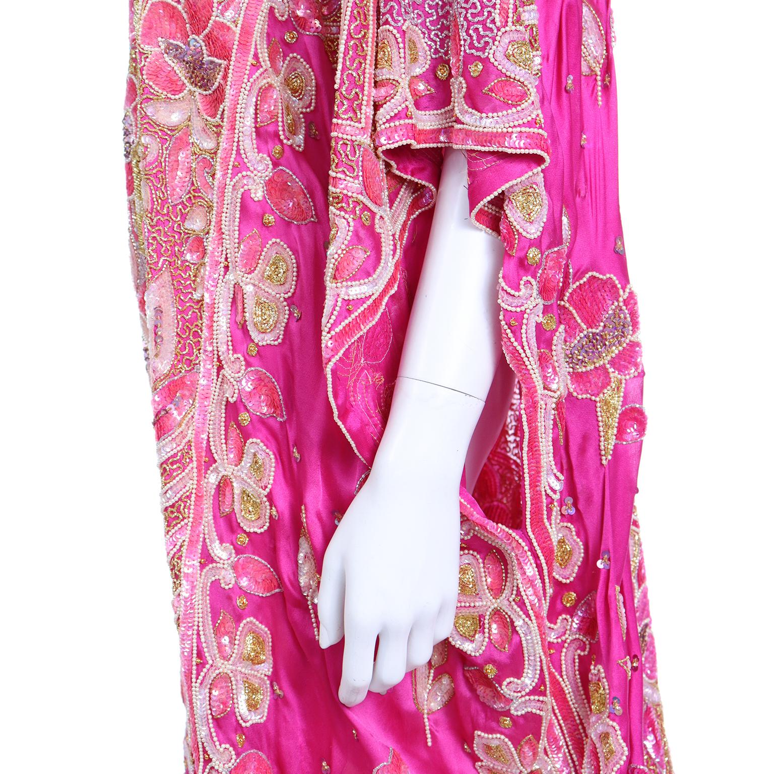 Vintage Floral Hot Pink Caftan Dress With Raised Gold Metallic Beading & Sequins 4