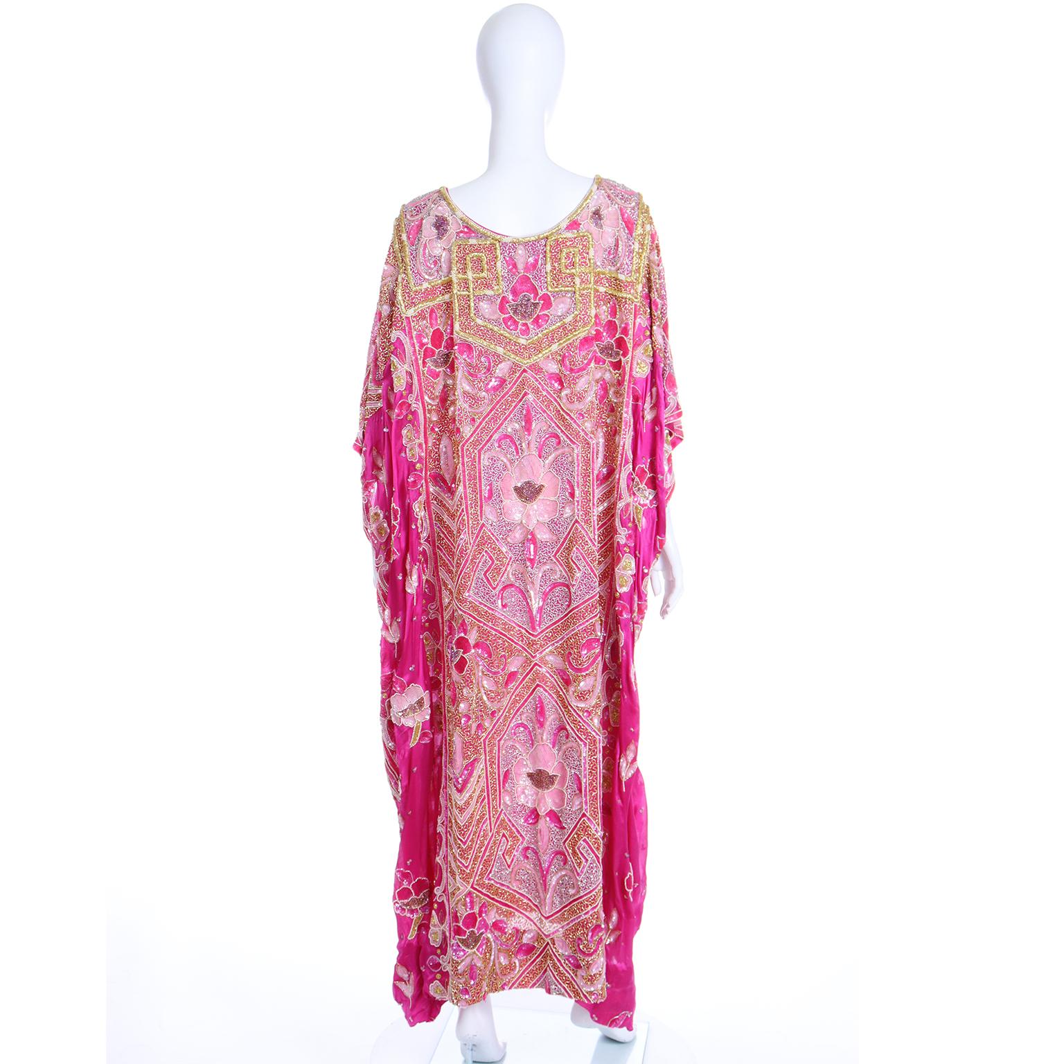 Beige Vintage Floral Hot Pink Caftan Dress With Raised Gold Metallic Beading & Sequins