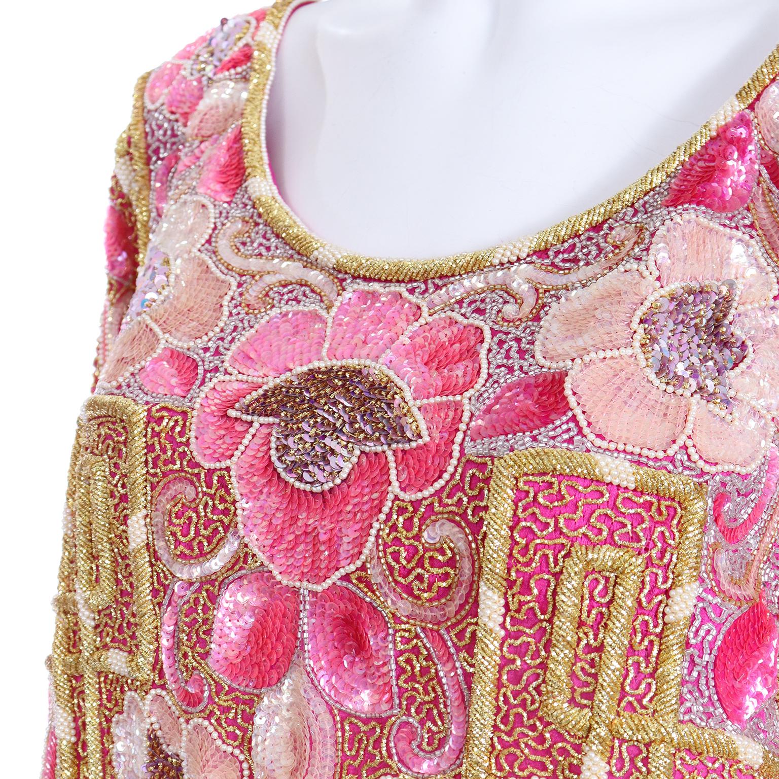 Women's Vintage Floral Hot Pink Caftan Dress With Raised Gold Metallic Beading & Sequins
