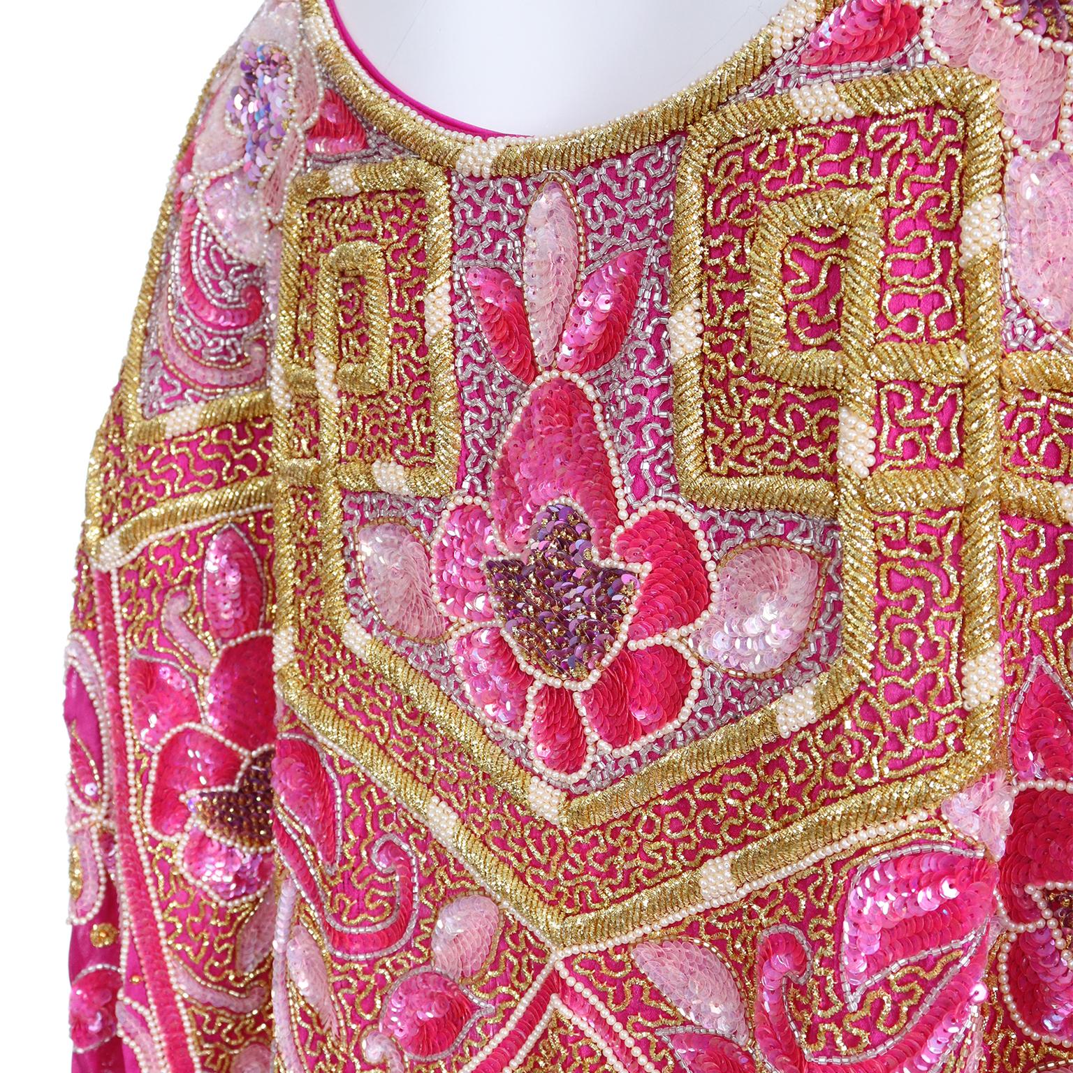 Vintage Floral Hot Pink Caftan Dress With Raised Gold Metallic Beading & Sequins 2