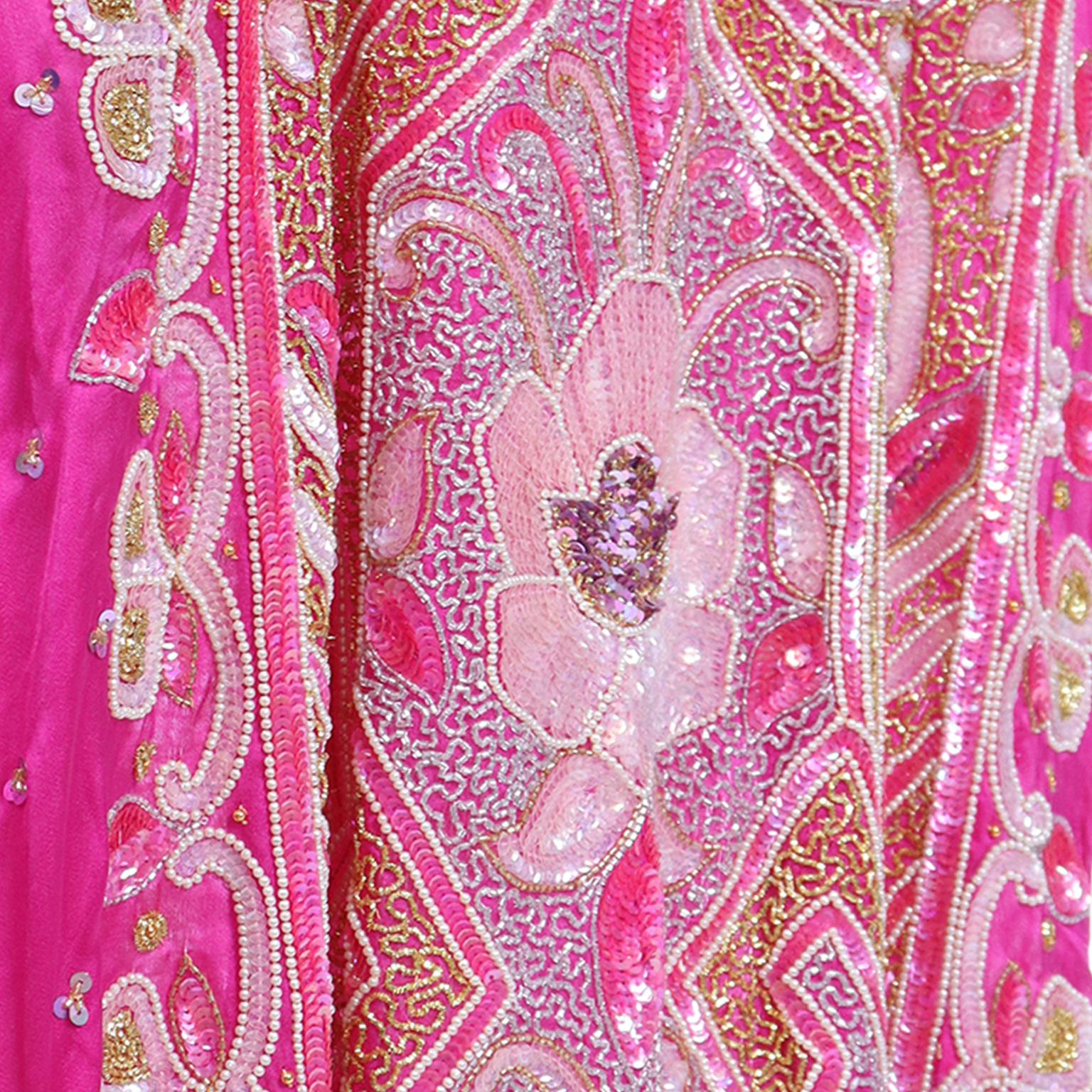 Vintage Floral Hot Pink Caftan Dress With Raised Gold Metallic Beading & Sequins 3